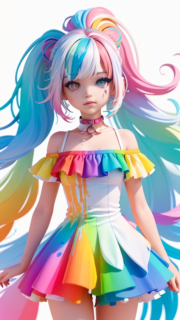(Pink Fashion T-shirt:1.9),(Colorful hair: 1.8), (all the colours of the rainbow: 1.8),(((((vertical painting:1.6))), (painting:1.6),front, comics, illustrations, paintings, large eyes, crystal clear eyes,( rainbow color gradient high ponytail:1.7), exquisite makeup, closed mouth,(Small Fresh: 1.5),(Wipe Chest: 1.6) ,long eyelashes, white off shoulder T-shirt, White Shoulder Shirt,looking at the audience, large watery eyes, (rainbow colored hair:1.6), color splash, (solo:1.8), color splash, color explosion, thick paint style, messy lines, ((shining)),(colorful), (colorful), (colorful), colorful, Thick Paint Style, (Splash) (Color Splash), Vertical Painting, Upper Body, Paint Splash, Acrylic Pigment, Gradient, Paint, Highest Image Quality, Highest Quality, Masterpiece, Solo, Depth of Field, Face Paint, colorful clothes, (Elegant: 1.2), gorgeous,long hair, wind, (Elegant: 1.3), (Petals: 1.4),(((masterpiece))),(((best quality))),((ultra-detailed)),(illustration),(dynamic angle),((floating)),(paint),((disheveled hair)),(solo),(1girl) , (((detailed anima face))),((beautiful detailed face)),collar,bare shoulders,white hair, ((colorful hair)),((streaked hair)),beautiful detailed eyes,(Gradient color eyes),(((colorful eyes))),(((colorful background))),(((high saturation))),(((surrounded by colorful splashes))),
