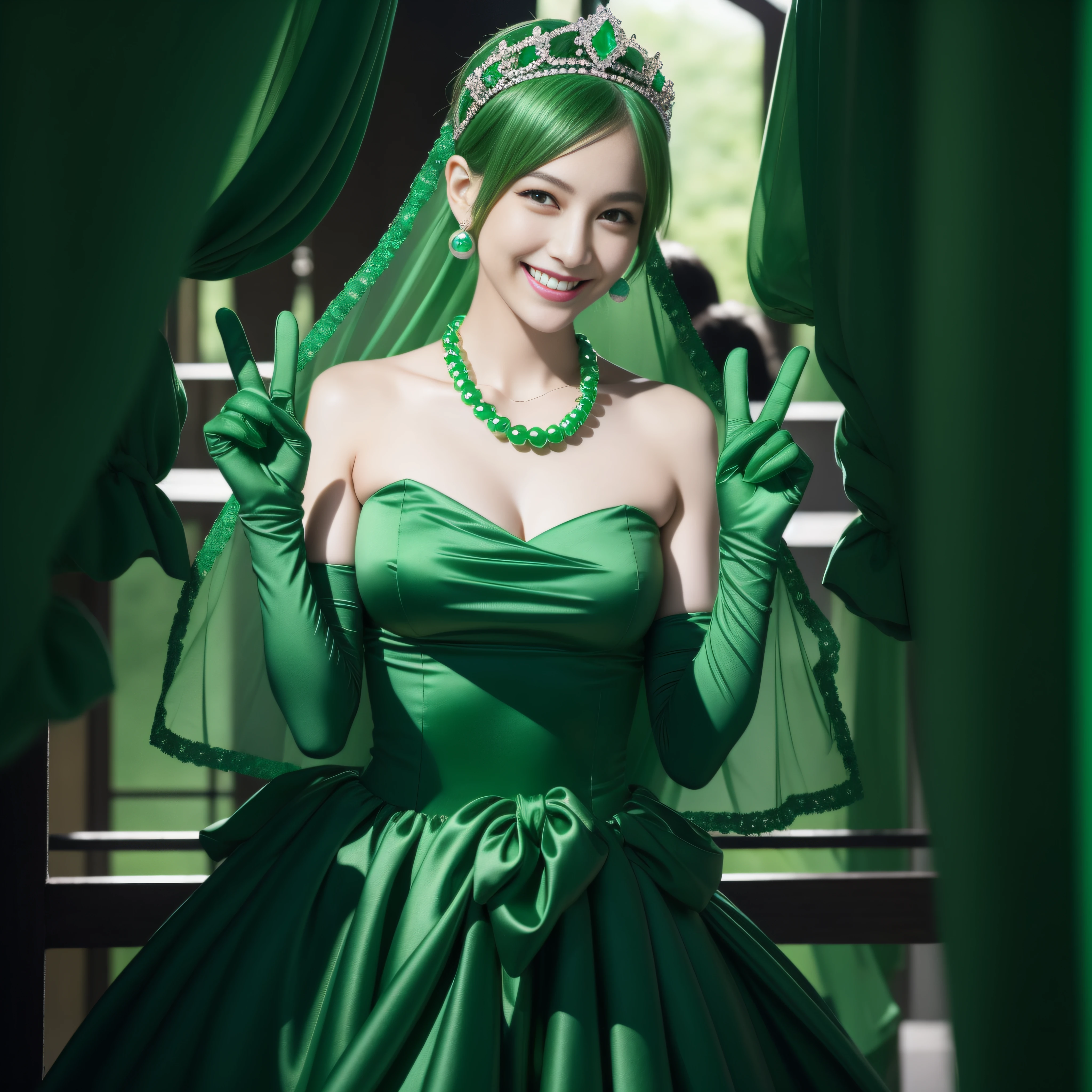 emerald tiara, green pearl necklace, boyish very short green hair, lipstick, smiling Japanese woman, very short hair, big breasts beautiful, green eyes, Long green satin gloves, green eyes, V sign, emerald earrings, green veil

