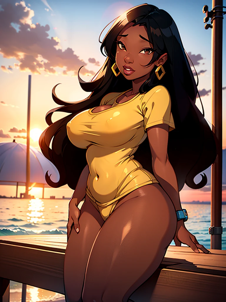 Female Brown skin shiny skin Huge breasts thick thighs curvy sexy tight yellow shirt parted lips beach bar sunset in the background high quality