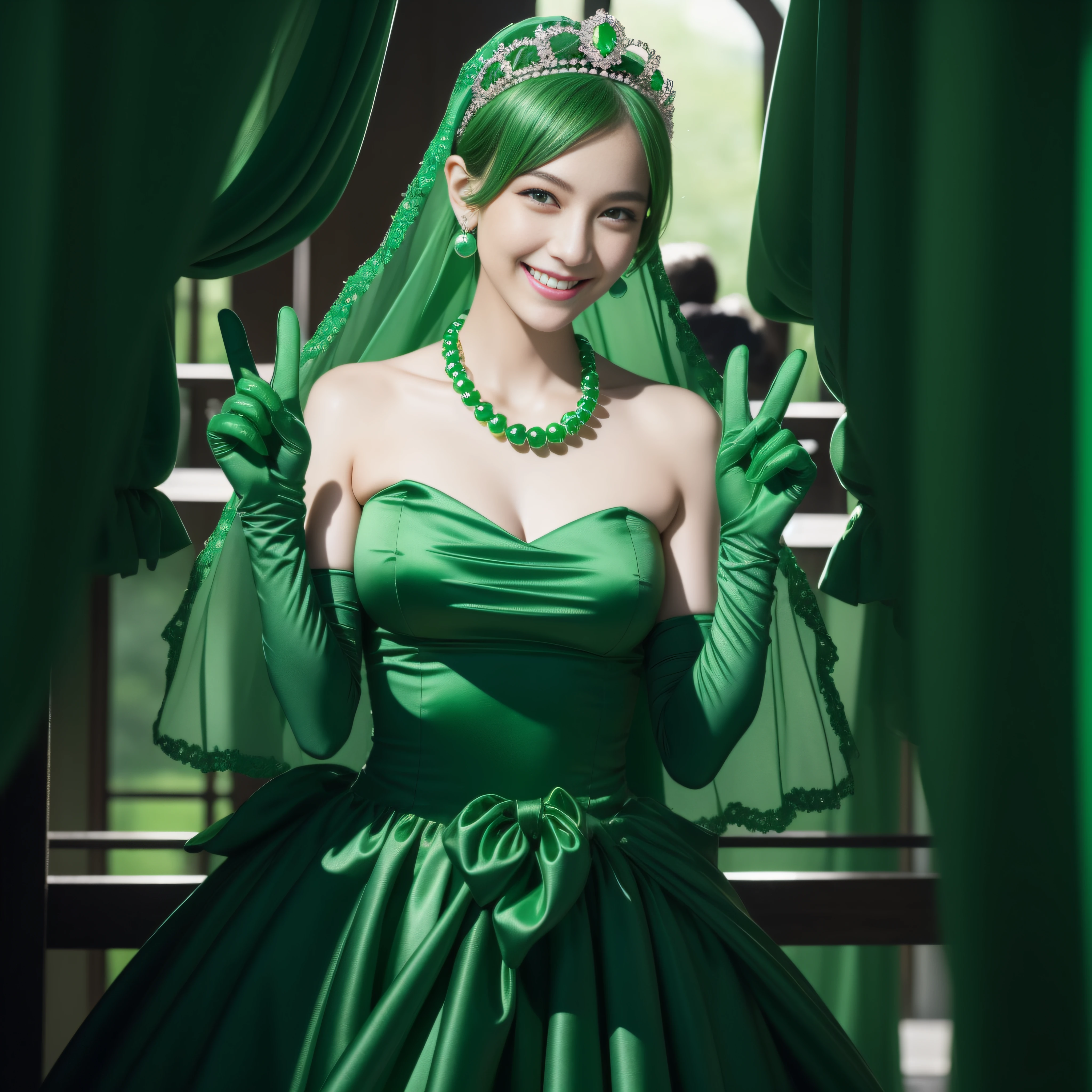 emerald tiara, green pearl necklace, boyish very short green hair, lipstick, smiling Japanese woman, very short hair, big breasts beautiful, green eyes, Long Green Satin Gloves, green eyes, V sign, emerald earrings, green veil, green lip gloss