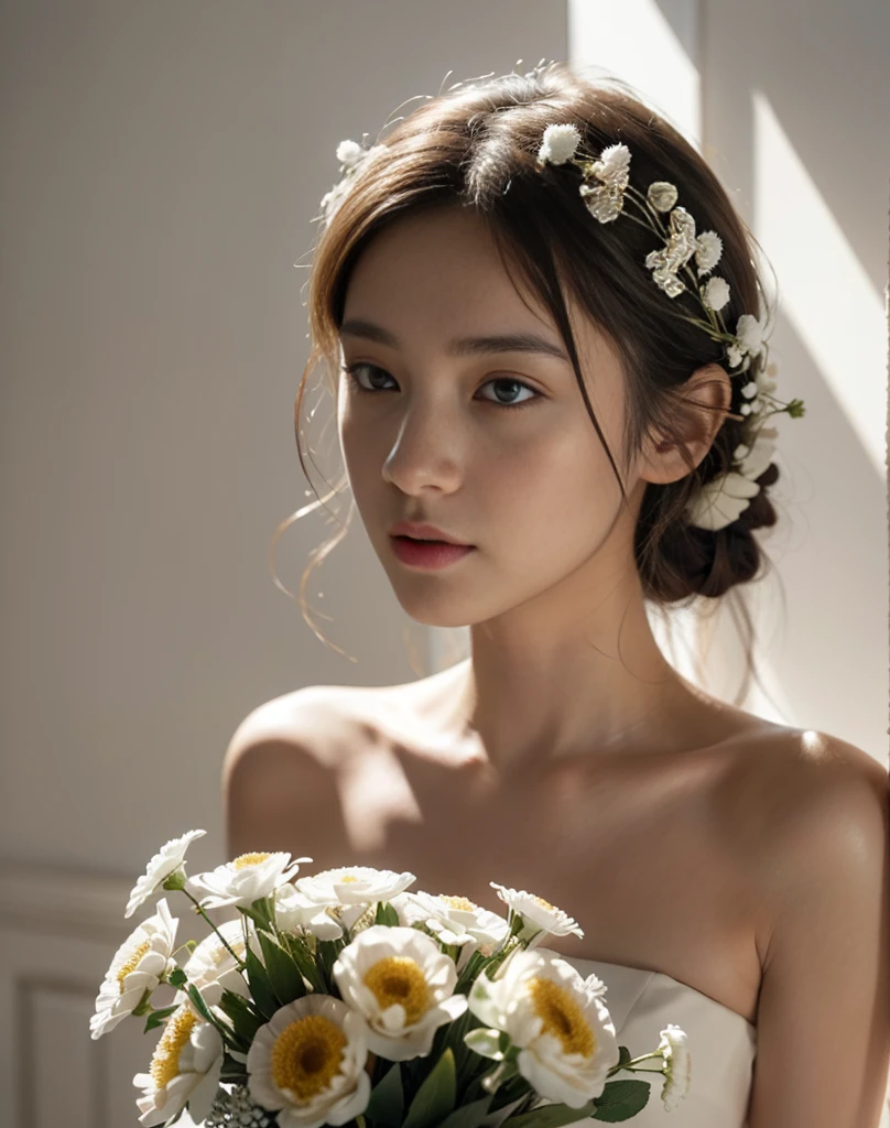 White dried flowers，White vase、Soft light、Rim Lights、beautiful shadow、lowkey、(Photorealsitic、Raw foto:1.2)、(natural skin textures、realistic eyes and face details)、Hyper-Realism、超A high resolution、4K、top-quality、white walls