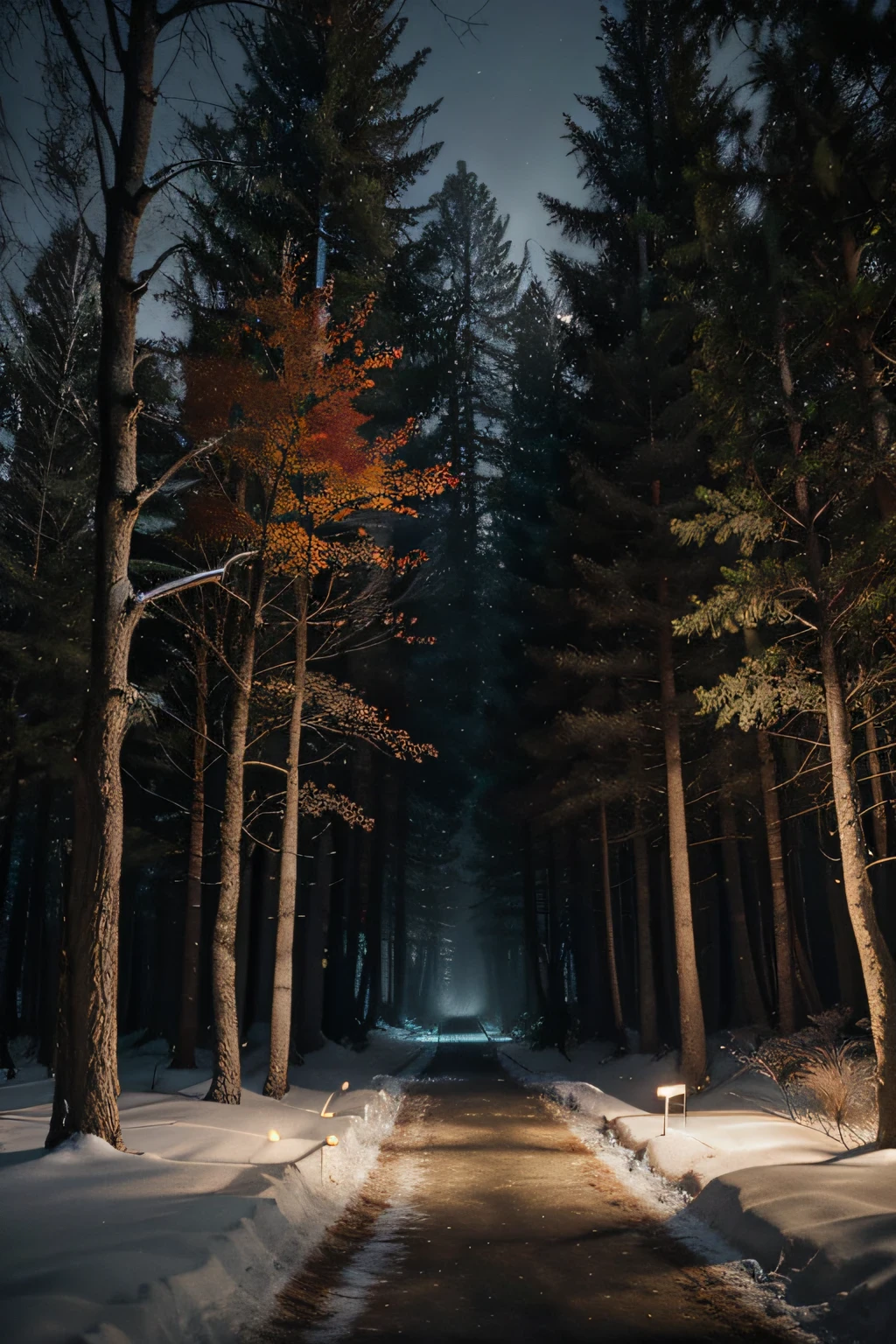 A calm and quiet path through the forest, a thick foggy, hundreds of snow-covered red maple trees, cinematic, vibrant colors. at nightfall, with a time-dimension portal view, hyperdetailed and photorealism image, conceptual art, wildlife photography, vibrant, cinematic, photo