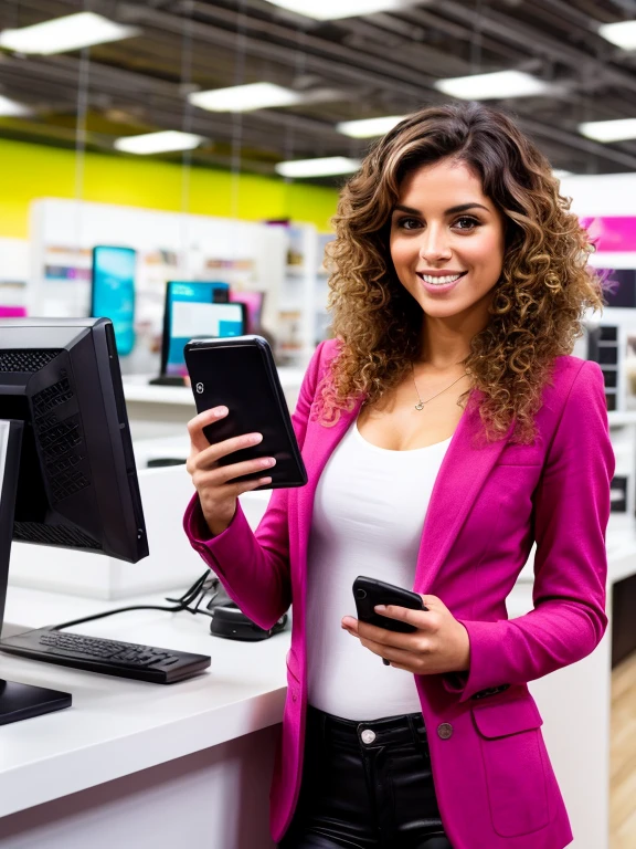 Atractiva Mujer morena con cabello largo con look, Smile and use a modern cell phone, sexy, in a tech store.