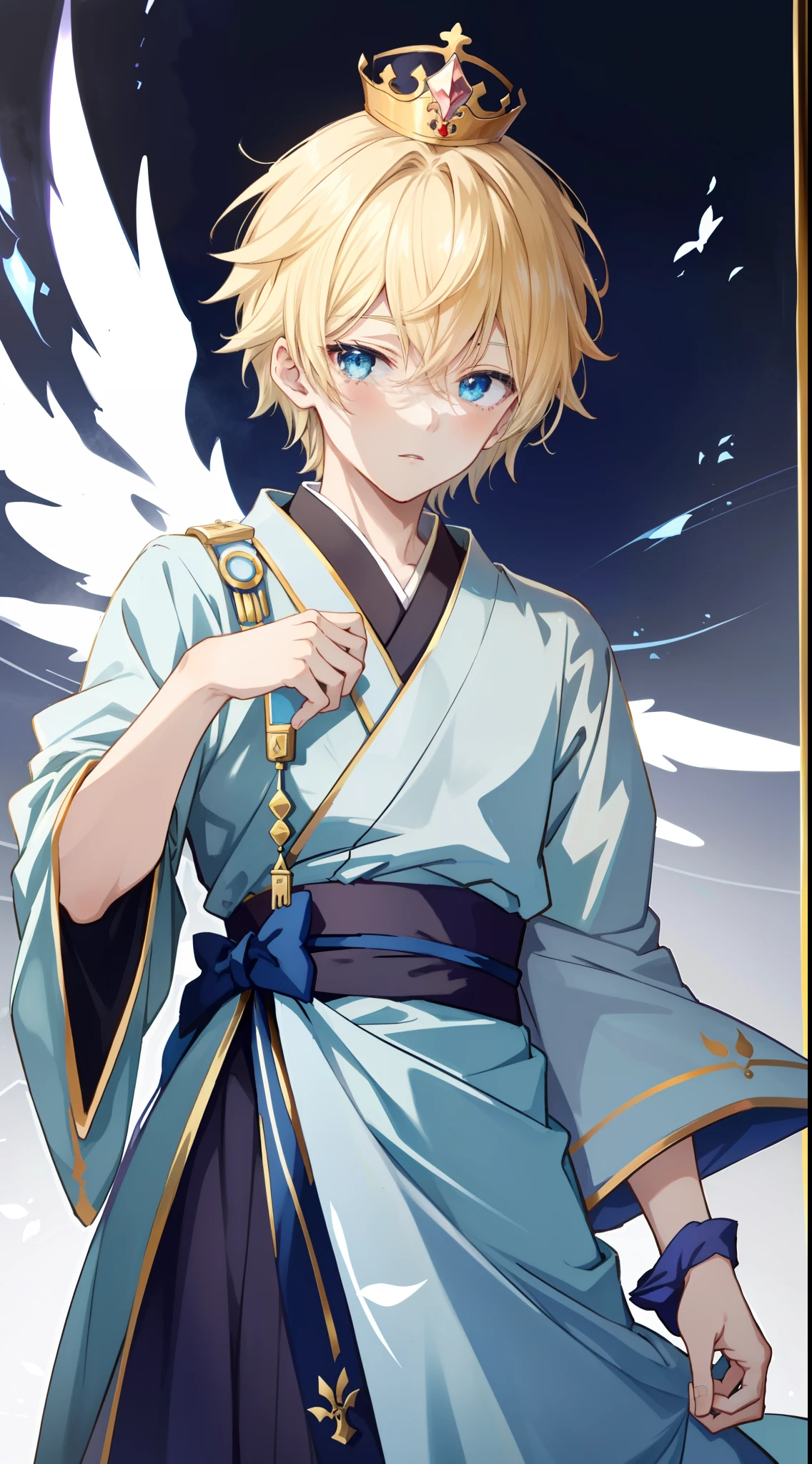 Anime boy in blue dress with crown on head, Delicate prince, Genshin, portrait of magical blond prince, Shota, Anime Boy, Beautiful prince, pixiv style, pixiv, ((wearing aristocrat robe)), zerochan, Cute Anime, Anime Illustration, zerochan art, VOCALOID, Angelic