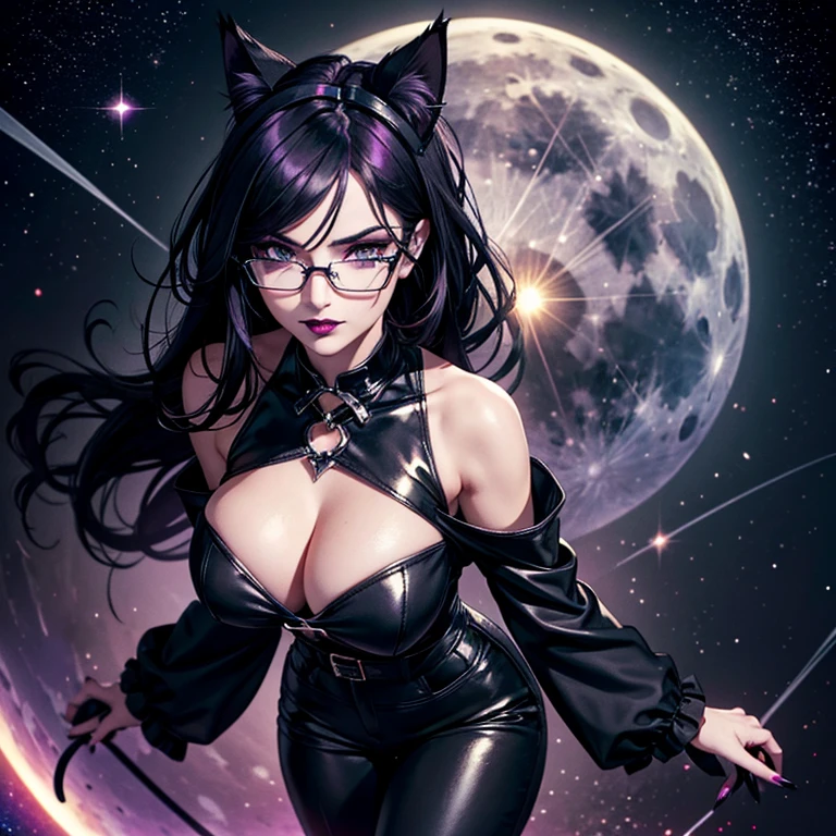 one girl, Black Trousers, Black Top, Gothic Style, Black Boots, Glasses, Cat Ears, Cat Tail, Black Stockings, Dark and Purple Hair , Eyes Shadows ++ , Darker Lips + , Gothic make-up, (Best quality:1.1), (Masterpiece:1.4), 1fille, (cheveux volumineux)+ , cheveux longs , (Yeux Bleux) , gros seins , (Large, dark lips)+ , peau brillante, Floating in space ,Stars, Full Moon