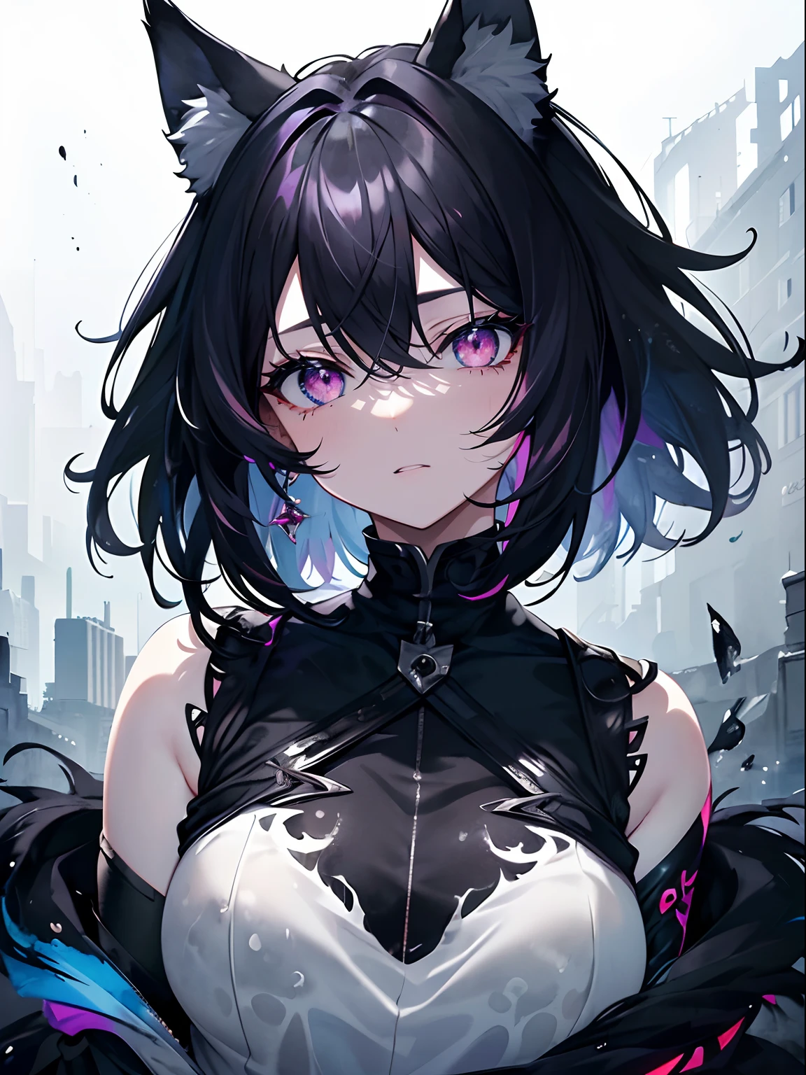 (masterpiece,best quality,ultra-detailed),1girl, dark black hair,intense colored hair, messy hair, thick hair,short hair,wolf ears,beautiful and detailed face, detailed eyes,looking at viewer, multicolored eyes,((grey theme),pale skin,glowing eyes,black fur,((aquarelle)),