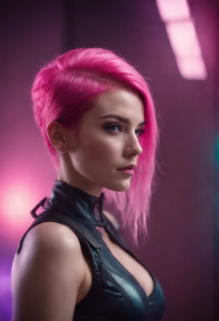 Mulher sensual cyberpunk neon segurando arma pink hair