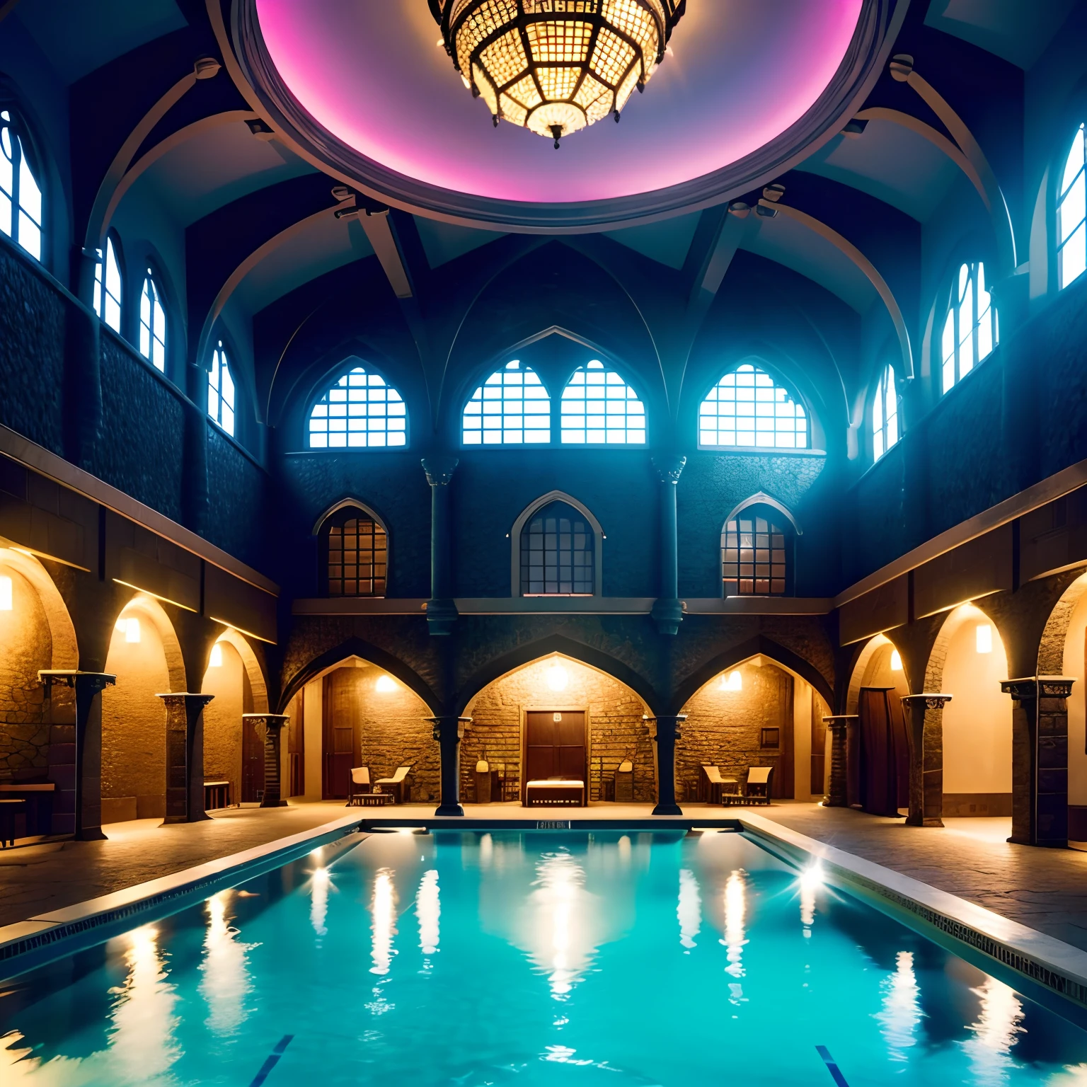 (photorealistic, 8k, dramatic fluorescent overhead lighting), Multiple women, in a castle, at an indoor pool, slingshot bikini, natural large breasts, happy, pool full of women in various states of undress.