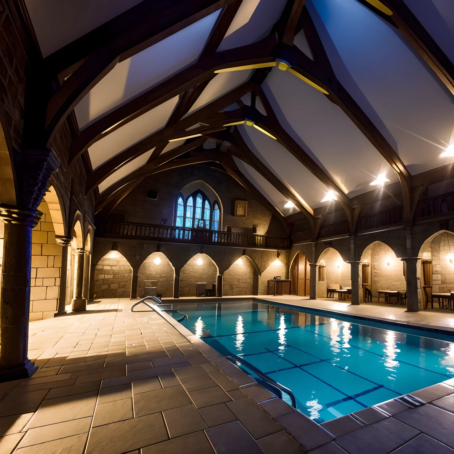 (photorealistic, 8k, dramatic fluorescent overhead lighting), Multiple women, in a castle, at an indoor pool, slingshot bikini, natural large breasts, happy, pool full of women in various states of undress.