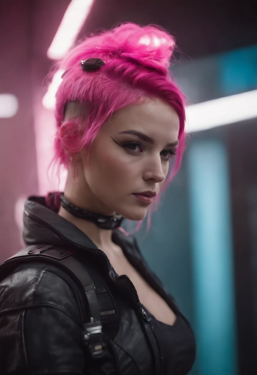 close-up portrait of a beautiful young woman, (cyberpunk clothes) (ErinNobodySD15), Large breasts, pressed lips (seriously: 1.2) appearance (bright side light rim light: 1.2) deep dark shadows dramatic camera angle high-contrast color gradation (masterpiece: 1.2) (photorealistic: 1.2) (bokeh:1.2) (best quality) (detailed skin:1.3) (complex details) (8k) (HDR) (cinematic lighting) (sharp focus),  large multicolored hair loose and wavy, neon lights in the background, pink latex clothing,
