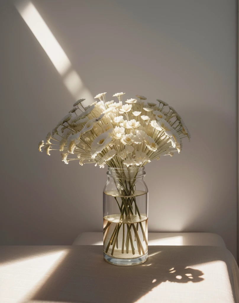 White dried flowers、Soft light、Rim Lights、beautiful shadow、lowkey、(Photorealsitic、Raw foto:1.2)、(Natural texture、realistic detailed)、Hyper-Realism、超A high resolution、4K、top-quality、white walls、Perfect angle、