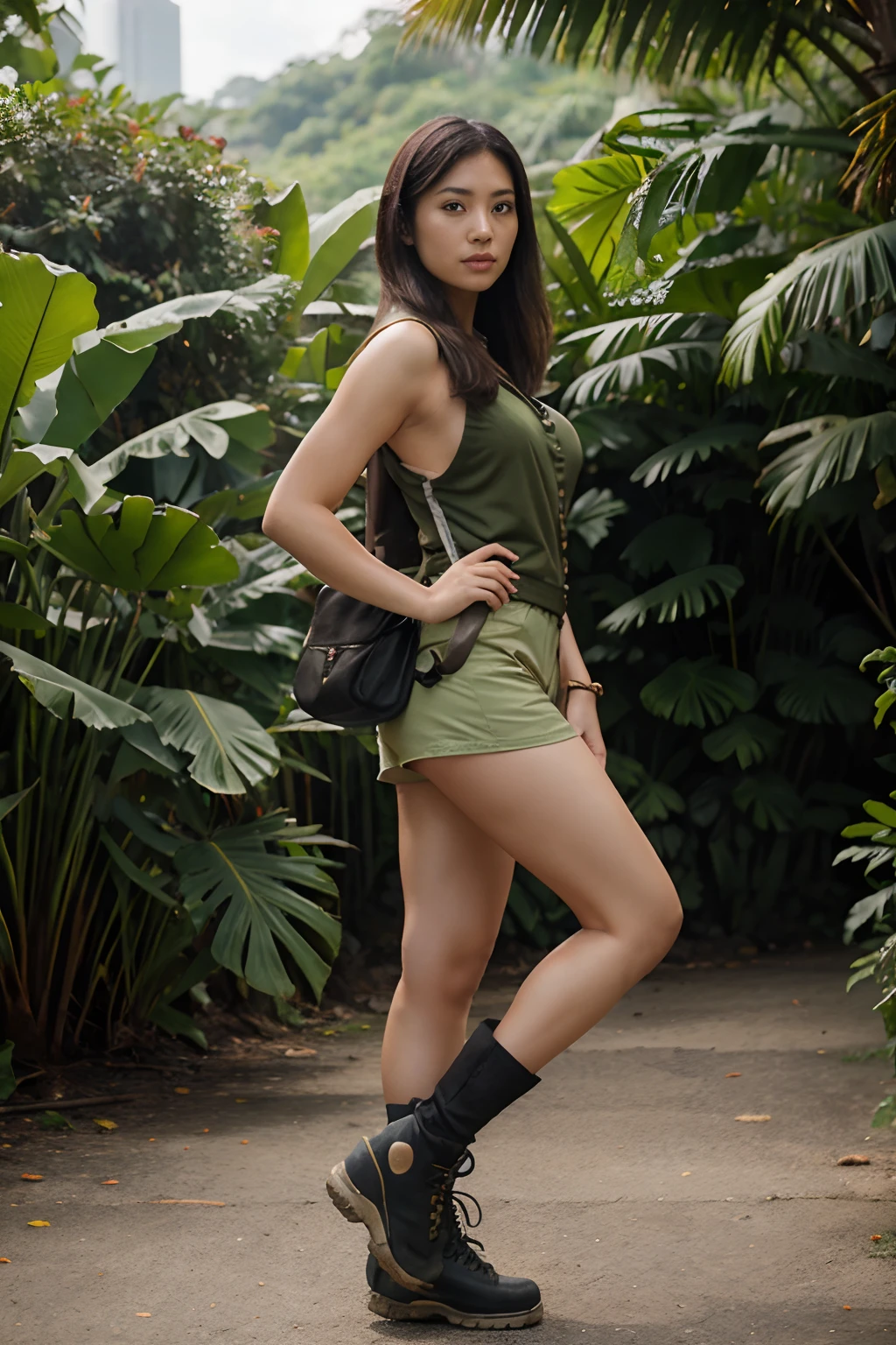 Blend of comic book art and lineart in full natural colors.
A full body portrait shot of an attractive Asian woman in her late 20s, with an athletic build and shoulder-length dark hair,wearing a green cargo vest and kakhi shorts with a sturdy boots, carrying a satchel,tropical rainforest in the background
--v 5
--ar 4:5
--s 750