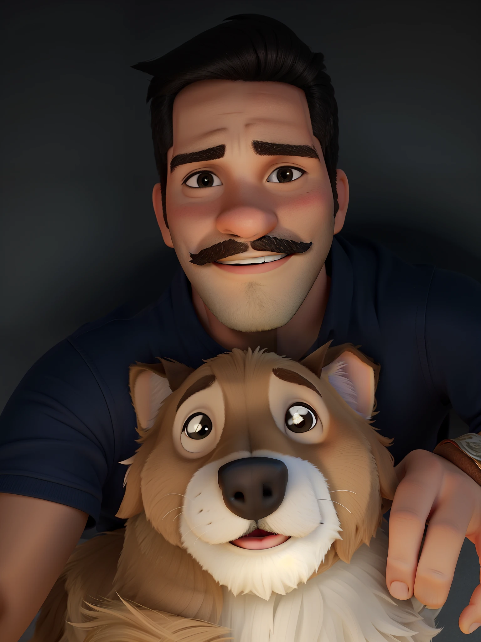 Um jovem sem cabelo, com bigode e barbicha tirando uma sefie com seu cachorro de 13 anos