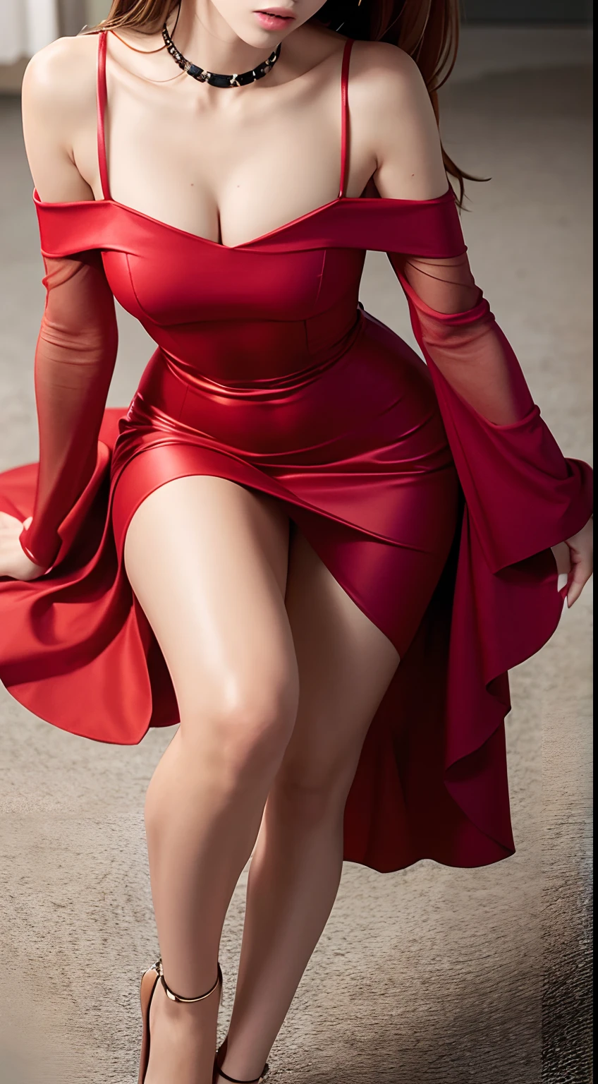 Cindy Mello, wearing slim red off shoulder metallic dress, depth of field, best quality, super detail, anatomically correct, full body shot, smooth skin