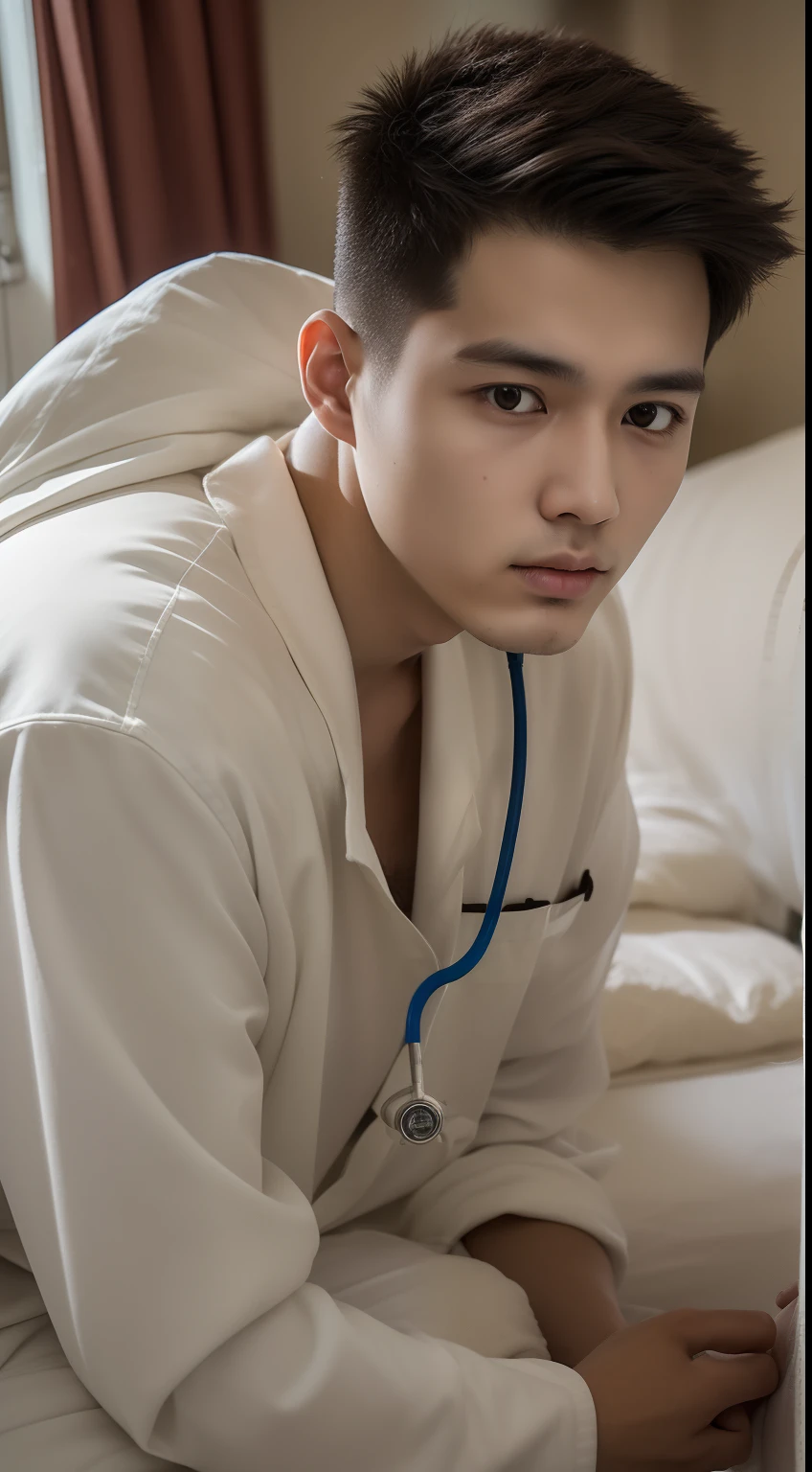 4K、Raw photo、Photoreal Stick、hight resolution、( (1.An 18-year-old man))、a handsome、Mashed Hair、、Nursing Staff、In a nursing home、Looking at the camera