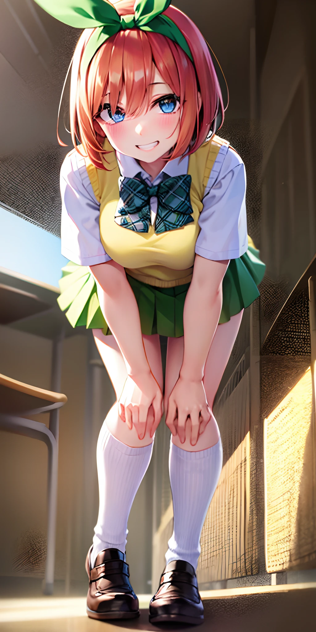 yotsubanakano, yotsuba nakano, bangs, short hair, blue eyes, hair between eyes, hair ribbon, hairband, orange hair, green ribbon,
BREAK skirt, shirt, bow, ribbon, school uniform, white shirt, short sleeves, pleated skirt, shoes, socks, collared shirt, miniskirt, bowtie, black footwear, kneehighs, green skirt, black socks, loafers, green bow, sweater vest, green ribbon, (yellow sweater vest:1.5),
BREAK looking at viewer,
BREAK indoors, classroom,
BREAK ultra-detailed, best quality, high resolution, unity 8k wallpaper, extremely detailed CG, (beautiful detailed eyes:1.6), extremely detailed face, perfect lighting, extremely detailed CG, (perfect hands, perfect anatomy),
happy smile, laugh, grin, white teeth, wide-eyed, head tilt, from below, skirt lift by myself, showing panties, standing, turn knees out, bend knees, bend down, (vulgarity:1.2),