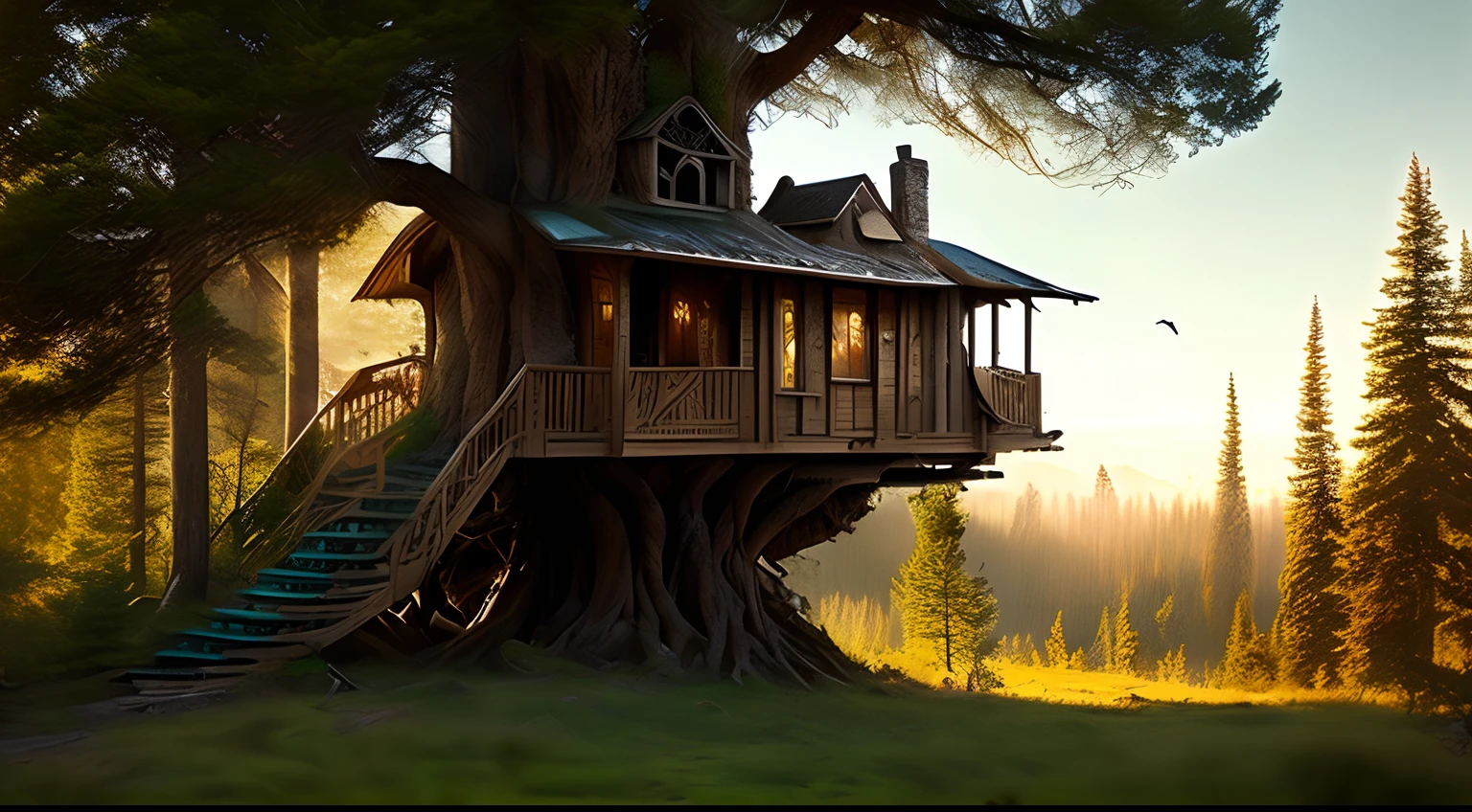 tree house in the forest, atmospheric, hyper realistic, epic composition, cinematic, landscape vista photography by Carr Clifton & Galen Rowell, 16K resolution, Landscape veduta photo by Dustin Lefevre & tdraw, detailed landscape painting by Ivan