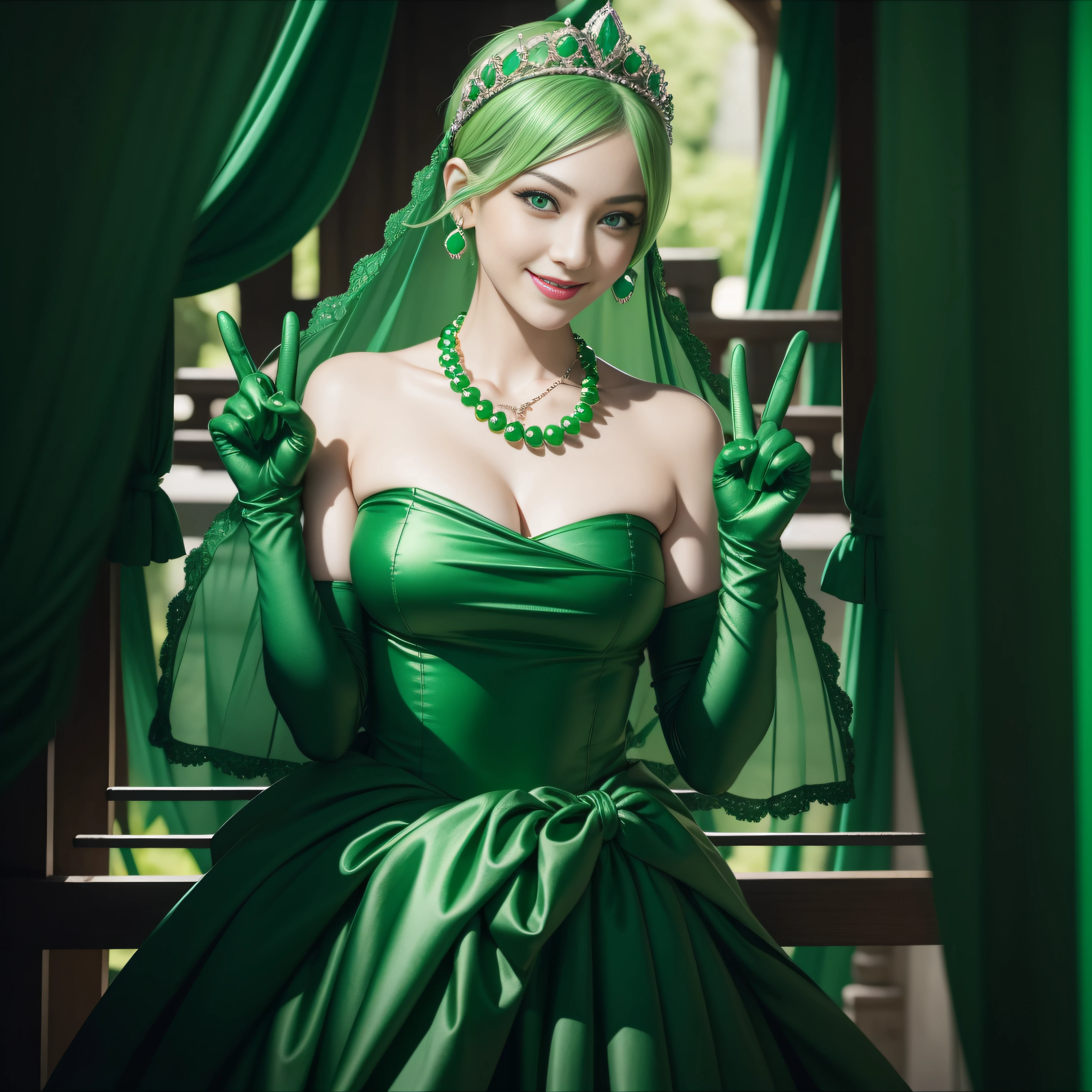 emerald tiara, Green Pearl Necklace, Boyish very short green hair, lipsticks, Japan woman smiling, very short short hair, big breasts beautiful, Green eyes, Long green gloves made of satin material, Green eyes, v sign, Double peace, Emerald earrings