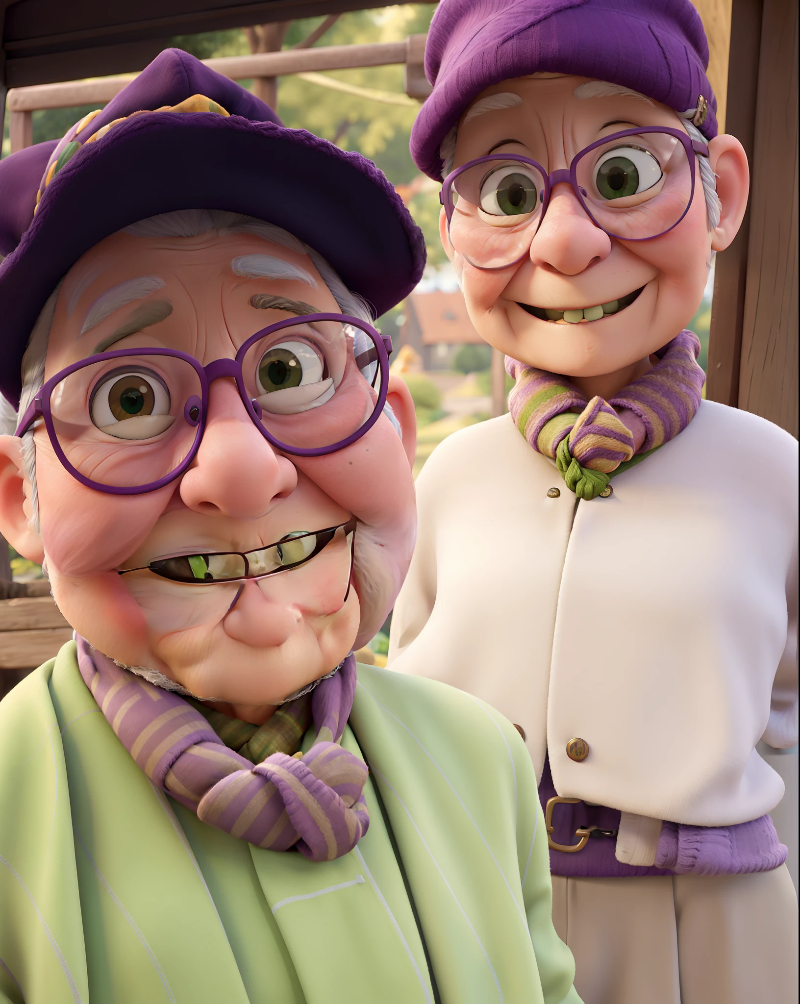 masterpiece, best quality, an old woman with glasses and a scarf on, wearing a purple coat and green scarf, standing at the park