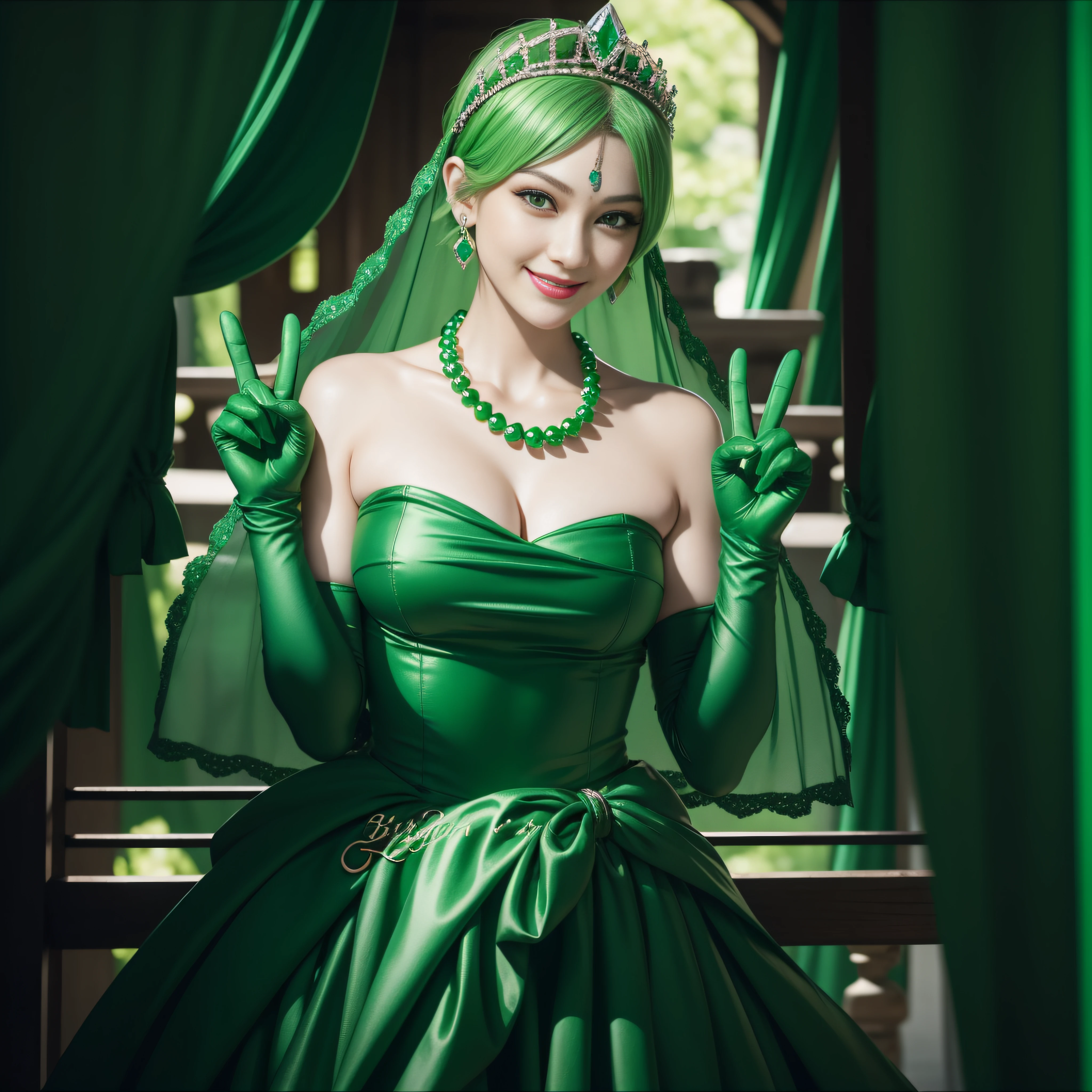 emerald tiara, Green Pearl Necklace, Boyish very short green hair, lipsticks, Japan woman smiling, very short short hair, big breasts beautiful, Green eyes, Long green gloves made of satin material, Green eyes, v sign, Double peace, Emerald earrings