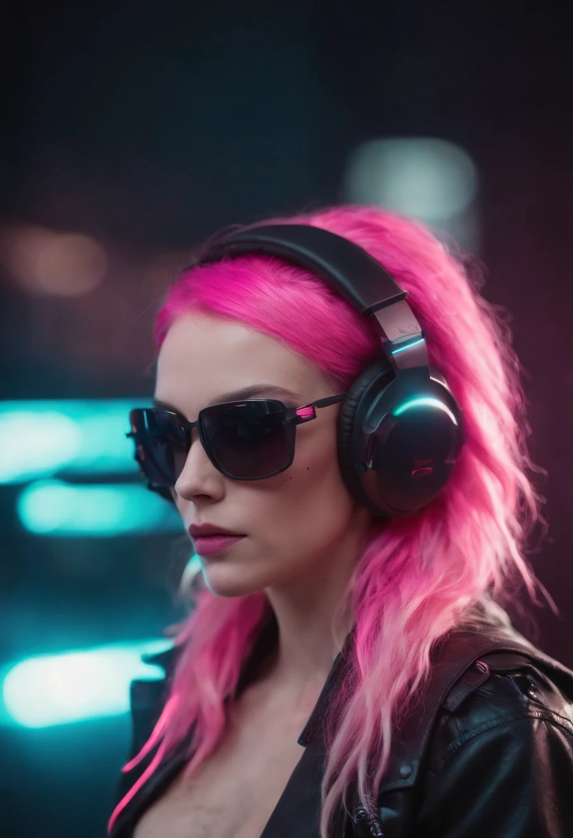 nicole, mulher, cyberpunk, neon, segurando arma, long messy pink hair, dj headset