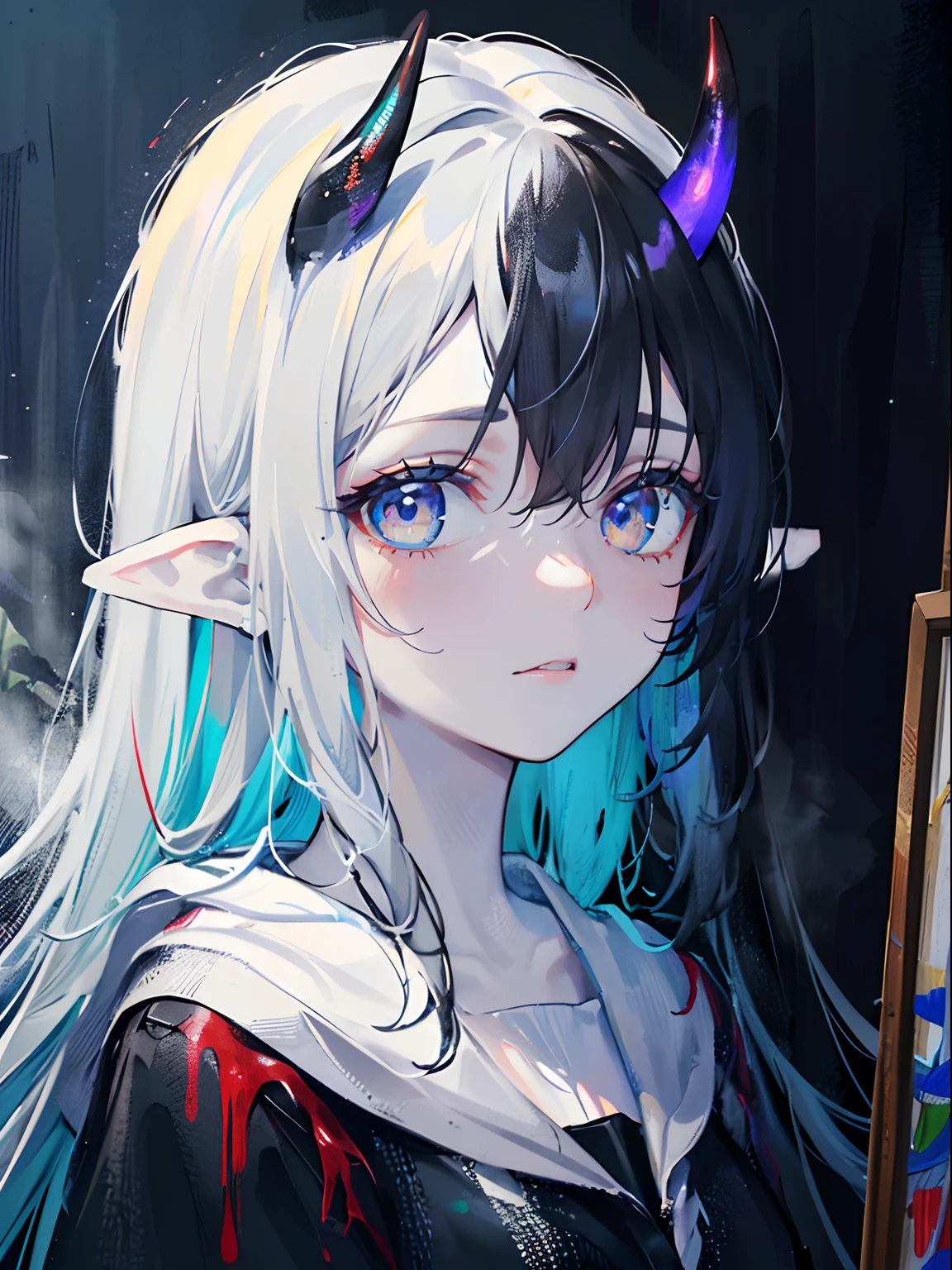 (masterpiece,best quality,ultra-detailed),1girl, black and dark blue hair,beautiful and detailed face, detailed eyes,looking at viewer, multicolored eyes,((grey theme),pale skin,oni horns, pointy ears,glowing eyes,((night)),dark ambient, (((Fresco,Fresh Painting))),in a forest,fog
