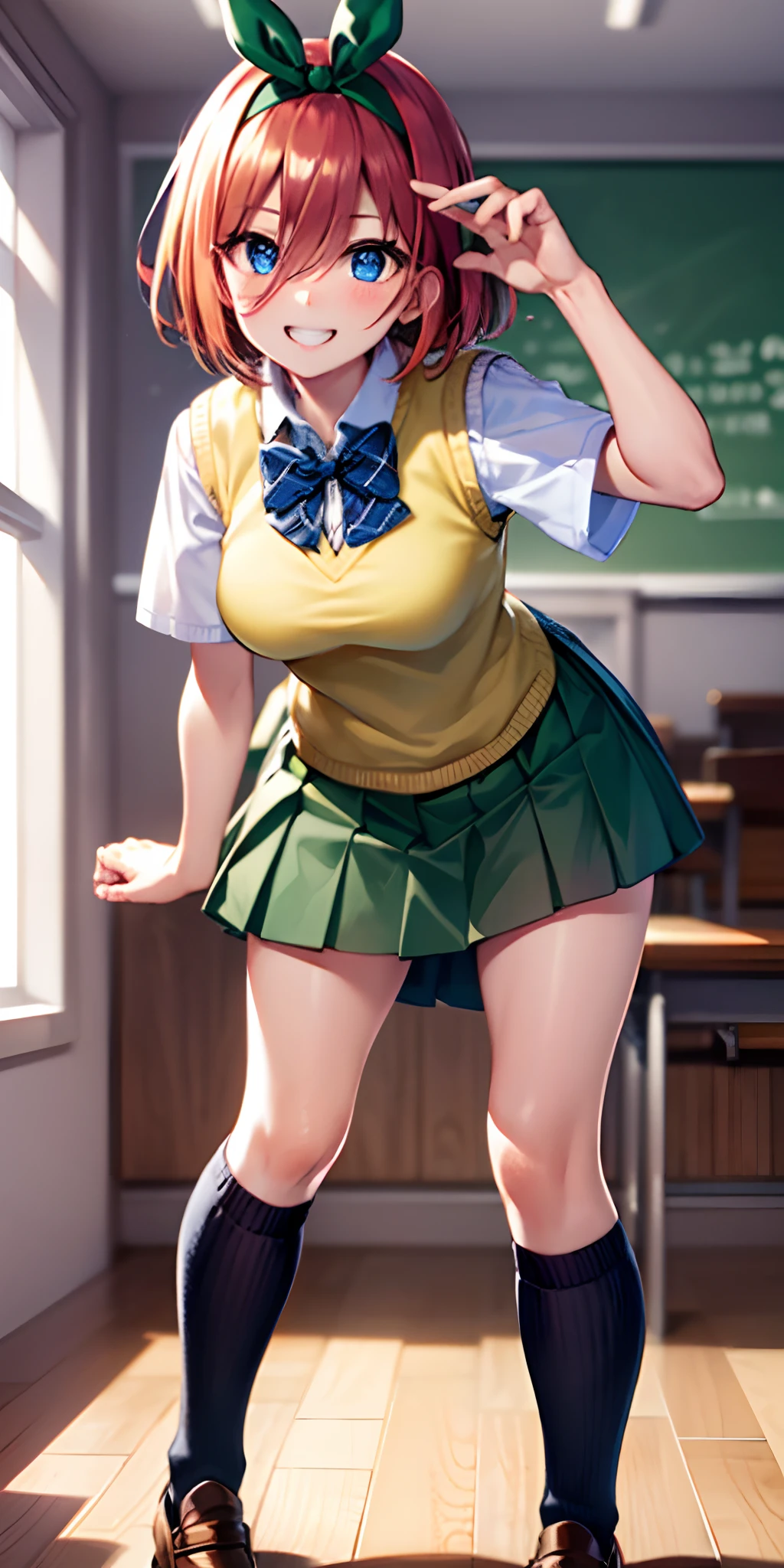 Showing ass, Extremely short skirt that does not cover her ass, Big ass, Thong V-String, Nsfw, skir ligt, showing ass, mini skirt, micro skirt, micro panties, (masterpiece:1.4), (best quality:1.4), (high resolution:1.4), cartoon style, LuanLoud smile, brown hair, pale skin, cowboy shot, white shirt, yellow mini skirt, looking at viewer, detailed face, detailed eyes, small breasts, curvy, ribbon, ponytail, buckteet, artstation female body, from the front, dynamic pose, solo, 1girl,