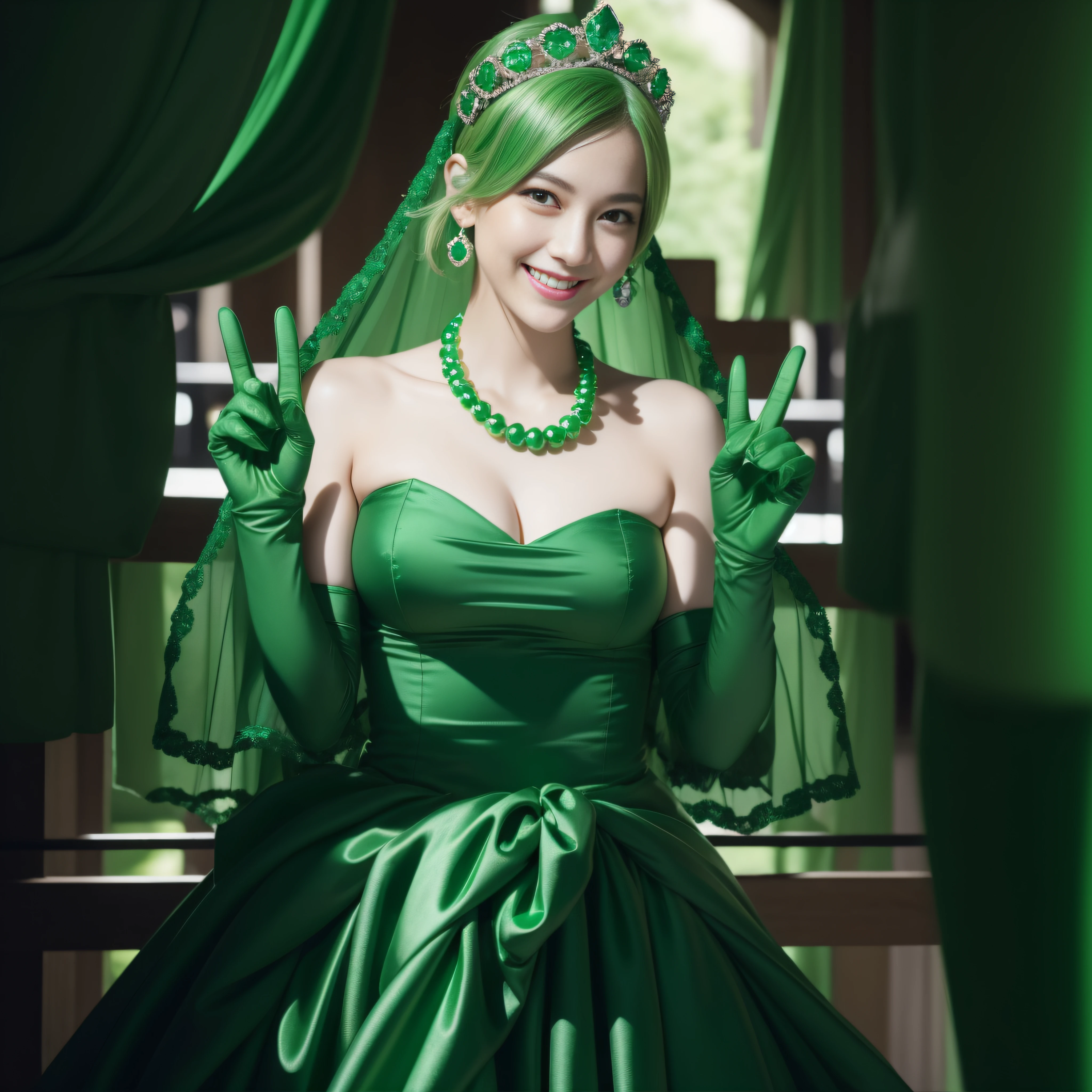 emerald tiara, Green Pearl Necklace, Boyish very short green hair, lipsticks, Japan woman smiling, very short short hair, big breasts beautiful, Green eyes, Long green gloves made of satin material, Green eyes, v sign,V-sign with both hands, Emerald earrings