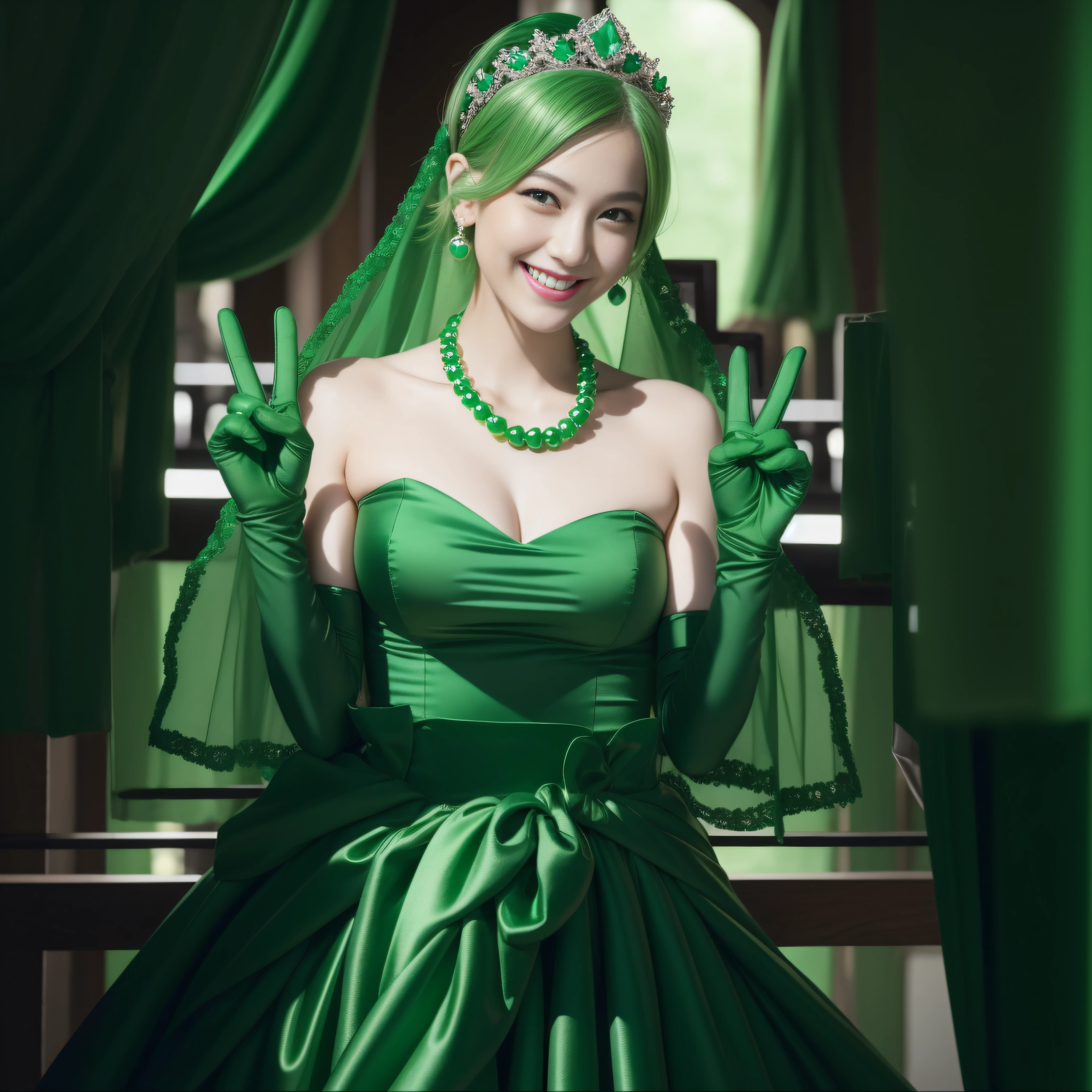 emerald tiara, Green Pearl Necklace, Boyish very short green hair, lipsticks, Japan woman smiling, very short short hair, big breasts beautiful, Green eyes, Long green gloves made of satin material, Green eyes, v sign,V-sign with both hands, Emerald earrings