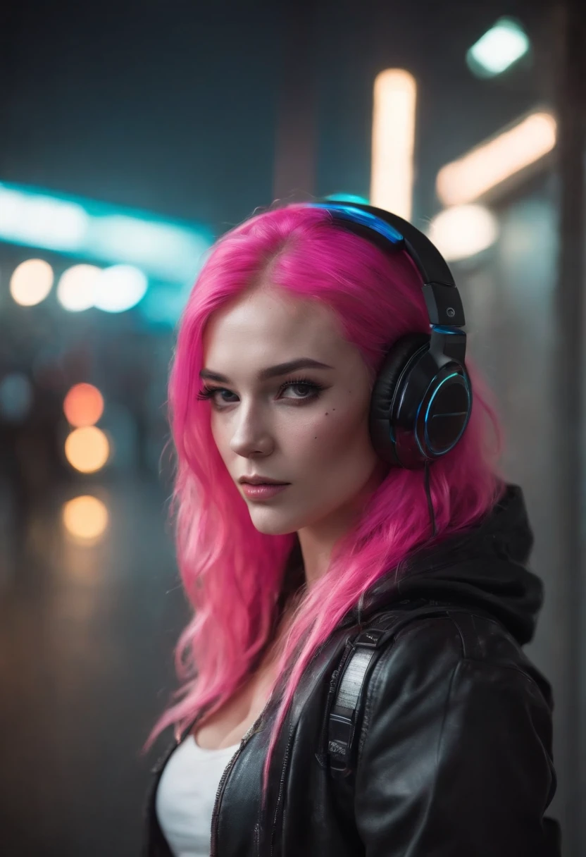 nicole, mulher, cyberpunk, neon, segurando arma, long messy pink hair, dj headset