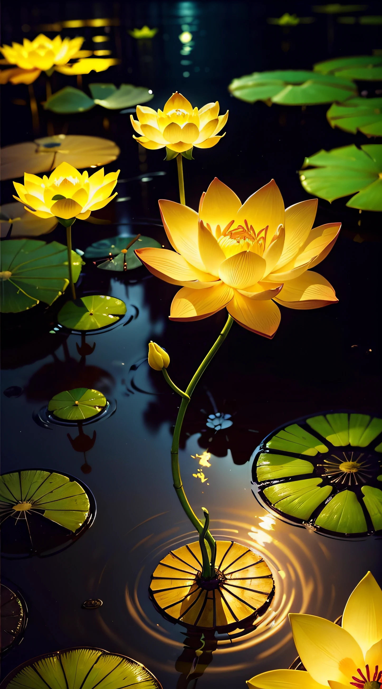 glowing lotus flower((one flower, glowing yellow long stem)), nature environment, poor lighting
