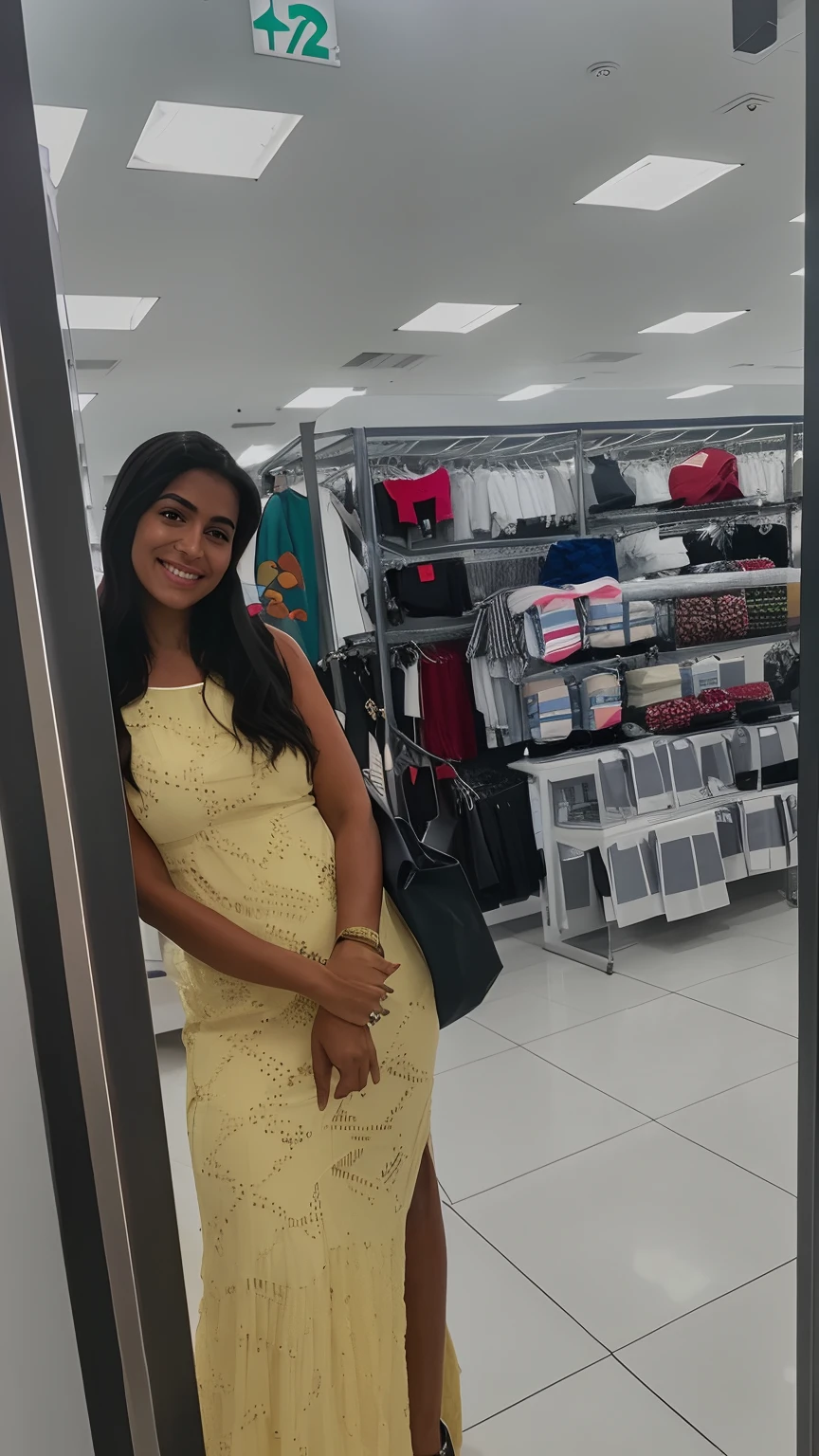 Woman in a yellow dress standing in a shop, em um shopping, aparecer em um shopping center, em um shopping, Mulher de 30 anos de Cuba, taken in the early 2020s, ficou em um supermercado, 19-year-old girl, cerca de 20 yo, na Target, imagem de qualidade muito baixa