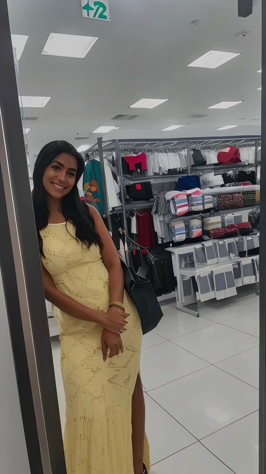 Woman in a yellow dress standing in a shop, em um shopping, aparecer em um shopping center, em um shopping, Mulher de 30 anos de Cuba, taken in the early 2020s, ficou em um supermercado, 19-year-old girl, cerca de 20 yo, na Target, imagem de qualidade muito baixa