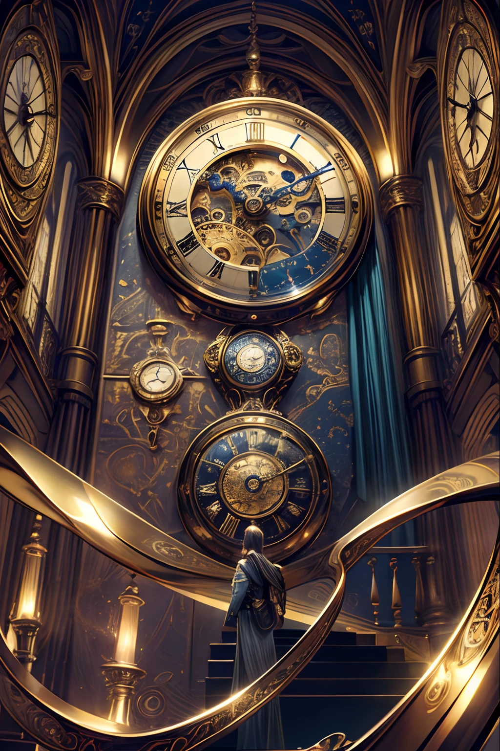 masterpiece:1.2,huge variety of clocks,spacetime tunnel,illustrative,detailed clock designs,vintage clocks,elaborate clock mechanisms,meticulous craftsmanship,stunning timepieces,richly decorated faces,ornate clock hands,mechanical wonders,time-travel aesthetics,intricate gears and springs,intriguing clockwork sculptures,mesmerizing ticking sounds,engraved enigmas,old-world charm,elegant pocket watches,futuristic chrono-contraptions,enchanting pendulums,vibrant colors,surreal artistry,precision engineering,time-bending illusions,mystical time vortex,enchanted watch faces,illuminated numerals,exquisite attention to detail,lustrous metallic finishes,dim lighting