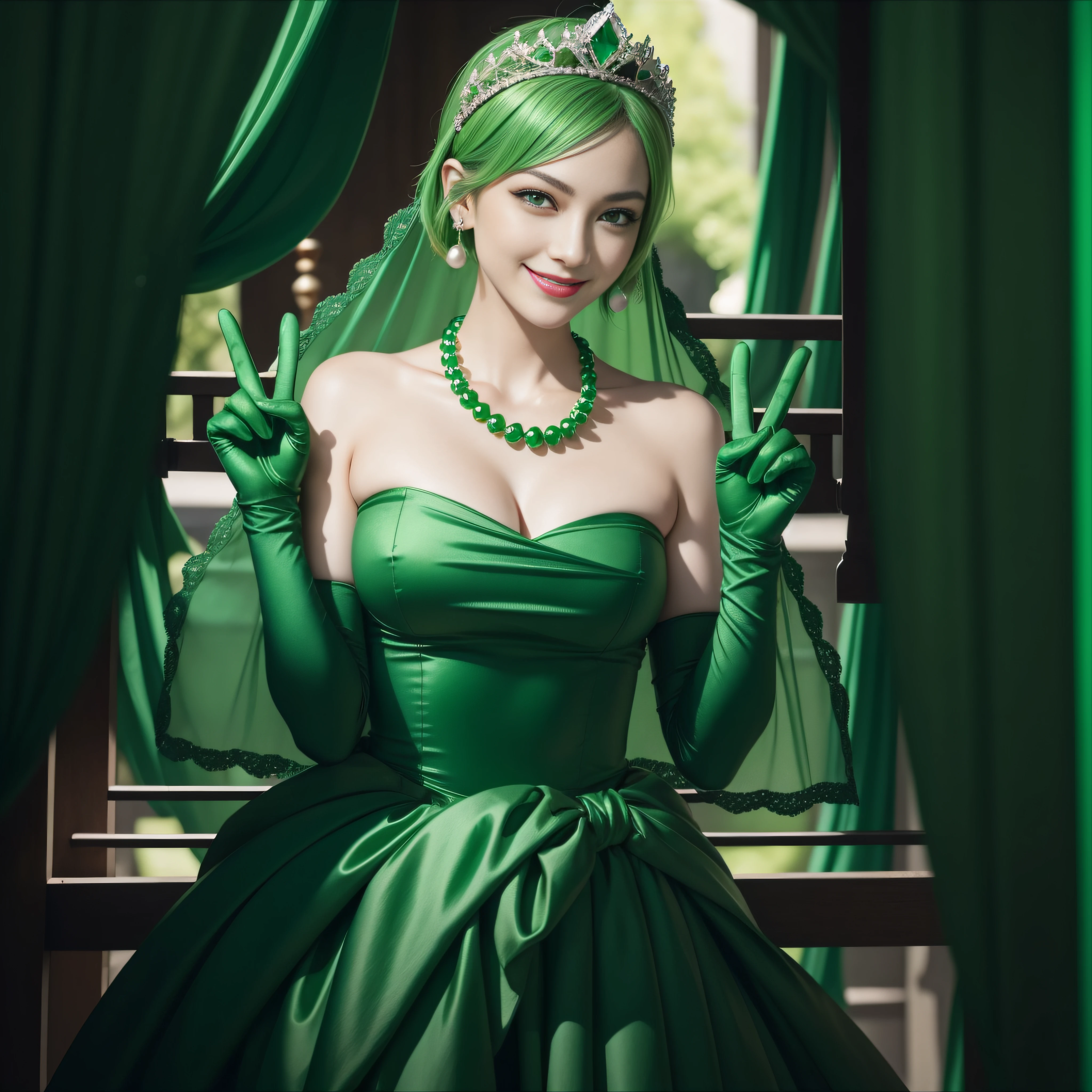 emerald tiara, green pearl necklace, boyish very short green hair, lipstick, smiling Japanese woman, very short hair, big breasts beautiful, green eyes, Long Green Satin Gloves, green eyes, V sign, emerald earrings, green veil, green lip gloss