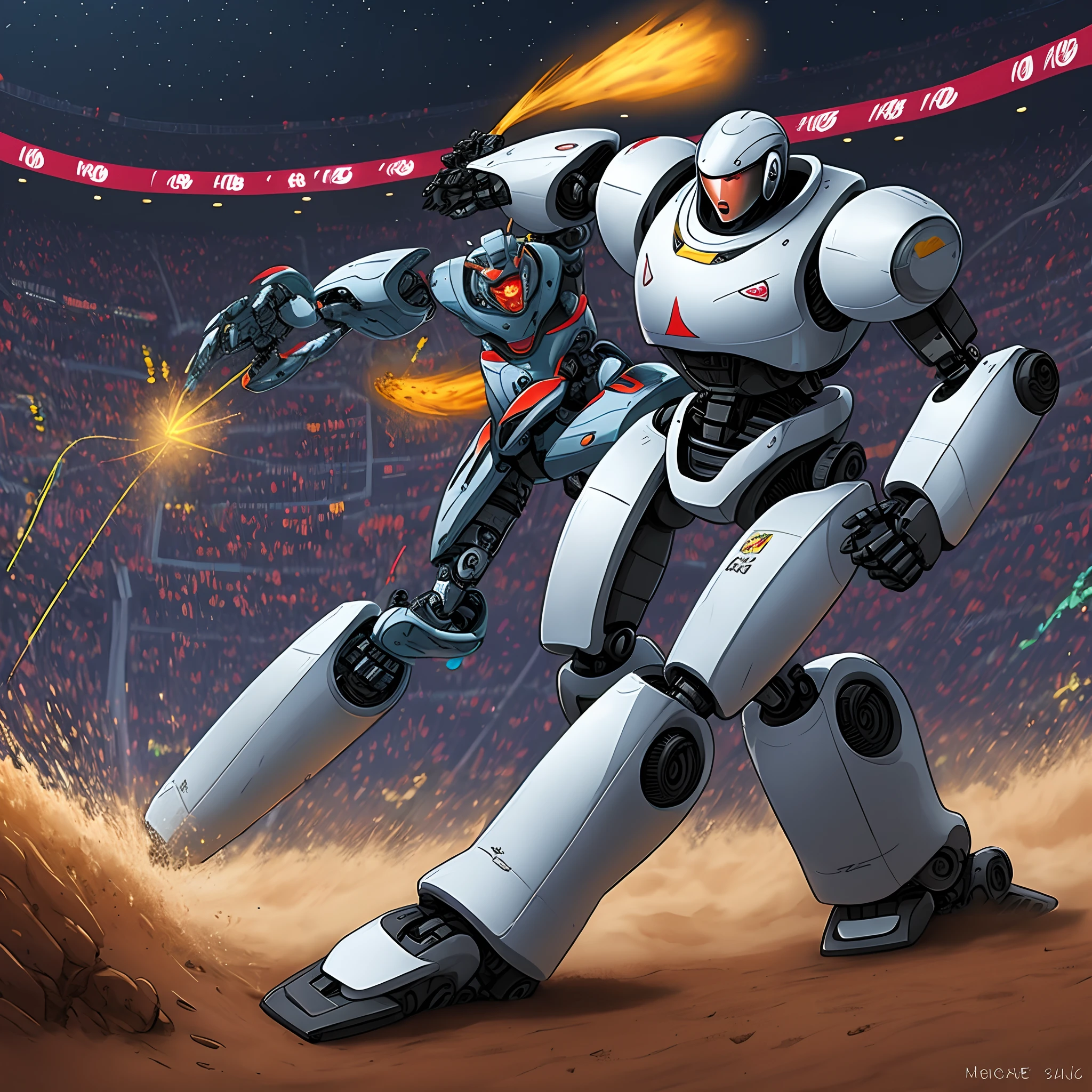 Draw a logarche of a robot scoring a goal on another robot