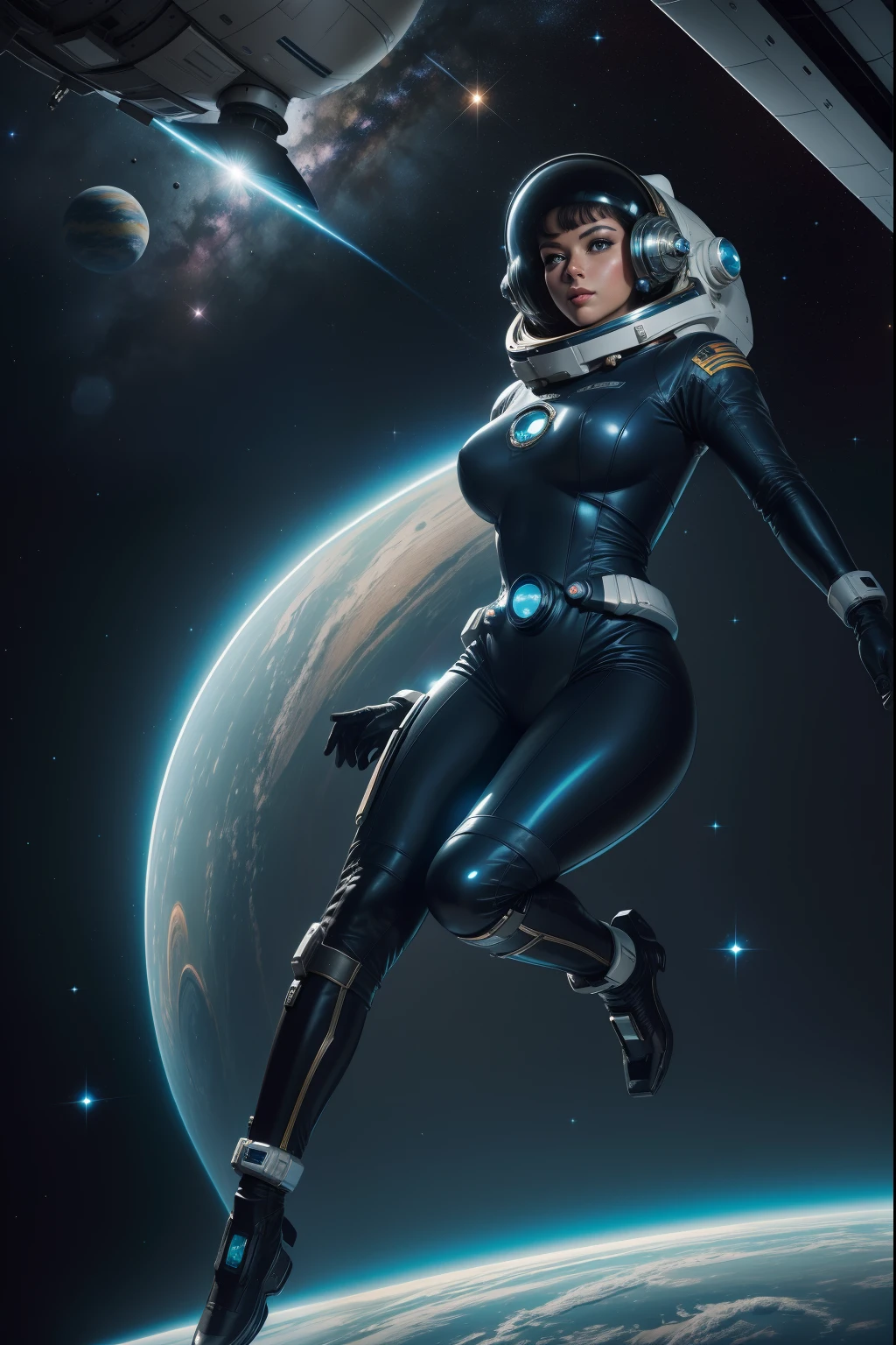 (best quality,4k,8k,highres,masterpiece:1.2),ultra-detailed,(realistic,photorealistic,photo-realistic:1.37),space girl,retro-futuristic,vibrant colors,classic sci-fi,shiny spacesuit,beautiful detailed eyes,beautiful detailed lips,long eyelashes,retro hairstyle,curvaceous figure,futuristic helmet with glass visor,silver gloves,cosmic backdrop,star-filled universe,distant planets,nebula clouds,rocket engines,sparkling stardust,spacecraft control panel,astronaut pin-up,playful pose,exuding confidence,space exploration theme,sci-fi adventure,atomic era fashion,glowing retro technology,ray guns,classic rocketship,space age glamour,sexy yet empowered,1950s inspiration,vintage space travel,colossal spacecraft,retro space station,hyperspace jump,sleek design,sci-fi fantasy,enchanted atmosphere,otherworldly beauty,captivating gaze,retro-futuristic scenery