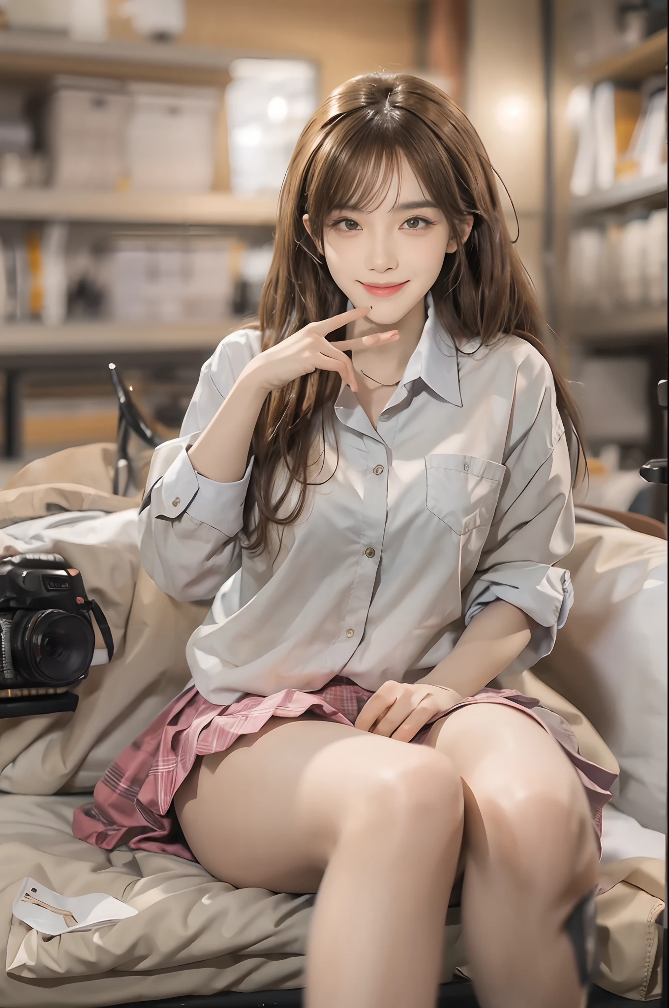 ((top-quality、8K、​masterpiece:1.3))、(((1girl in)):1.3),((anatomy correct):1.45)、(Full body:1.5)、(((32years old)))、foco nítido:1.2、(realisitic、Photorealsitic:1.37)、(((A smile)))、Gaze towards the viewer、Beautiful Face Woman、28 year old、pointed chest、long eyeslashes、Colorcon、Big 、delicated、Very detailed eyes、Highly detailed eyebrows、（Sharp Eyebrows）、（Thin eyebrows）、very vey very detailed face、((brunette disheveled hair))、(masutepiece:1.2, Best Quality), (real picture, Intricate details), 1lady, Solo, Sitting down, Showing legs, showing paws, Show me the soles of your feet, Minimal makeup, Natural fabrics, Close-up Face,mischievous face, Camera legs, Wear only oversized collared shirts..., Colossal tits ,On the, Mature body, Detailed face, Correct foot anatomy, Foot anatomy, Sexy legs, Feet pointing to the viewer, Foot, soles, Detailed feet, Correct foot anatomy, soles,Sitting on the bed. school skirt, Pleated skirt.Detailed lace panties