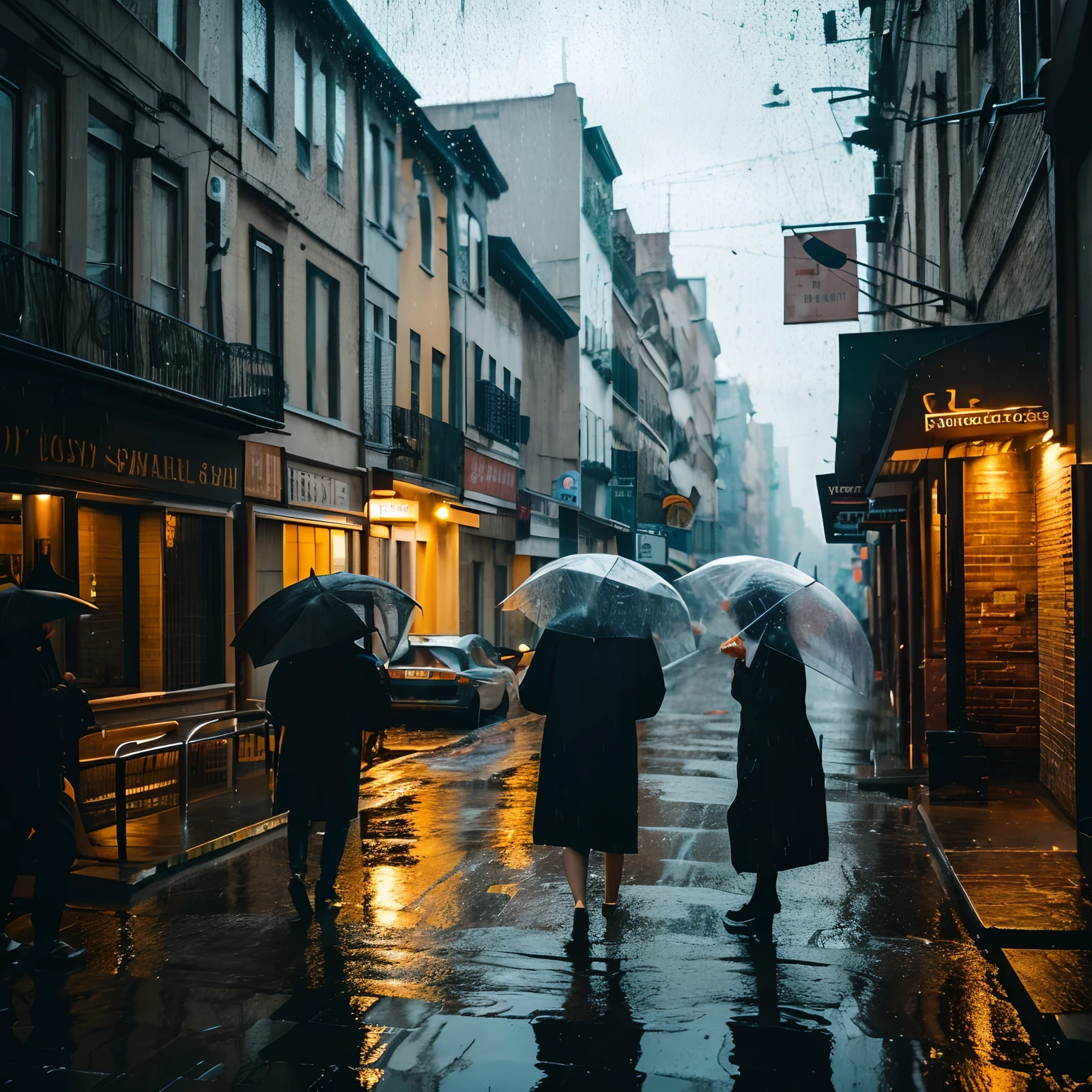 (best quality,4k,8k,highres,masterpiece:1.2),ultra-detailed,(realistic,photorealistic,photo-realistic:1.37),rainy scene,raindrops,umbrella,glistening wet streets,drenched flowers,breathtaking reflections,dark and moody atmosphere,impeccable textures,dramatic lighting,expressive postures,elegant raincoat,cityscape in the rain,serene and peaceful ambience,subtle color palette,softly falling rain,slippery sidewalks,people huddled under umbrellas,artistically captured droplets,puddles with rippling water,gentle waterfall effect,water splashes,sparkling city lights,ethereal mist,melancholic mood,city lights reflected on wet surfaces,muted tones,majestic wet trees,romantic atmosphere,beautifully captured motion of rain,serenity in the midst of rain.