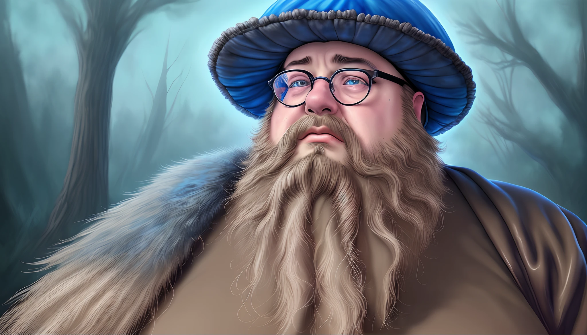 there is a man with a big beard and chubby face, mushroom hat and 1 blue cyclopes eye , hyperrealism. fantasy 4k, ultra-detailed digital art, hyperdetailed fantasy character, 4 k detail , hyperrealistic fantasy art, ultra detailed digital art, highly detailed surreal vfx, ultradetailed digital art, realistic fantasy render, hyper-realistic cg, overdetailed digital art, surreal + highly detailed