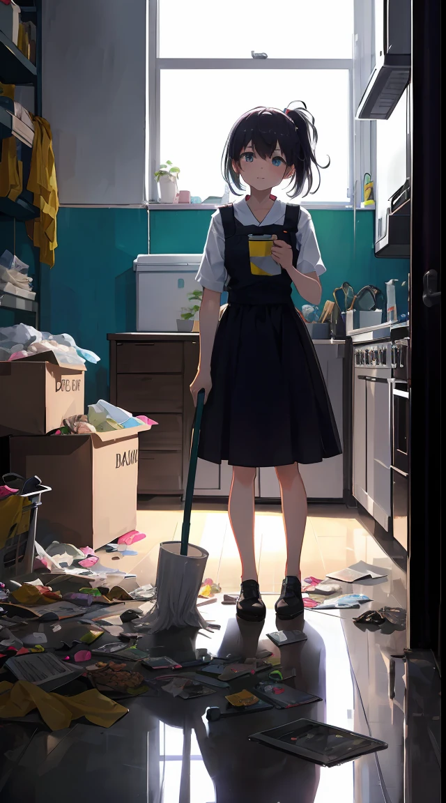 This illustration is、Cute little girl standing in a room full of garbage、It depicts a moment of rage over a situation。She、Holding the cleaning tool in your hand、Its eyes are burning with anger。Among them、Old magazines、leftover food、Filled with unused appliances。 however、The most notable is、She gives off「High Energy Body in Final Mystery」Is。This energy body is、Released from her body、Has the power to erase garbage in a room in an instant。ha、emit a pale light、Its light is in the corner of the room々Delivered to。 This moment、Garbage burns out、The room becomes clean in an instant。 Eta、At its heart is、Anger subsides、Girl with satisfied expression standing。