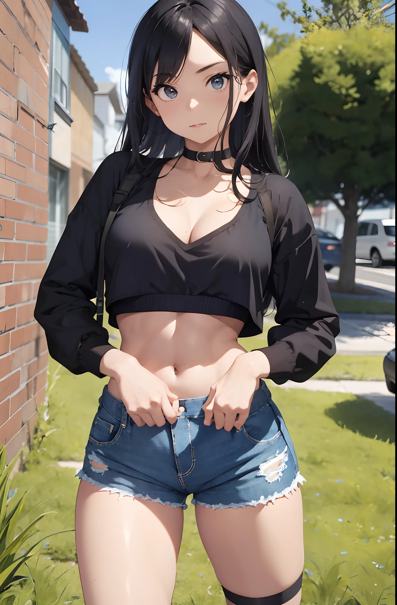 arafed woman in a black top and blue shorts posing for a picture, wearing a sexy cropped top, taken in the early 2020s, 2 4 year old female model, dressed in a top and shorts, beautiful midriff, casual pose, exposed midriff, wearing a cropped tops, her belly button is exposed, wearing a cropped top