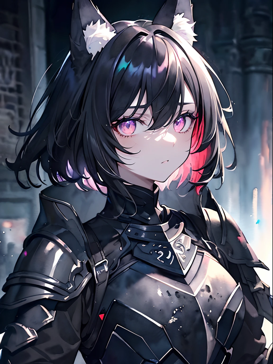 (masterpiece,best quality,ultra-detailed),1girl, dark black hair,intense colored hair, messy hair, thick hair,short hair,wolf ears,beautiful and detailed face, detailed eyes,looking at viewer, multicolored eyes,((grey theme),pale skin,glowing eyes,black armor, heavy armor, black metal armor, small chest,((watercolor))