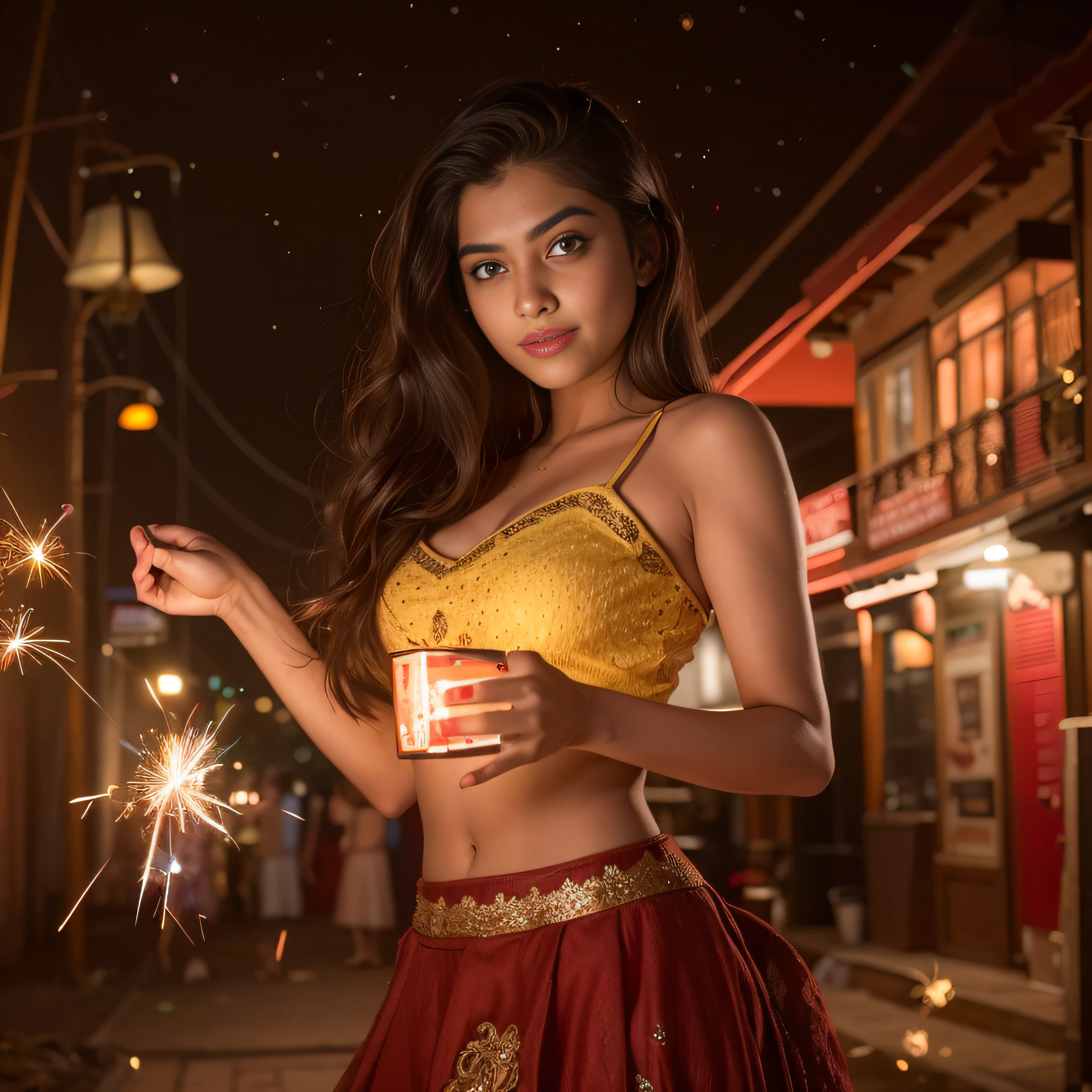 araffe indian woman in a red skirt holding a sparkler, brandon woelfel, sexy girl, indian  girl, attractive girl, beautiful asian girl, indian goddess, beautiful model girl, instagram model, 8k artgerm bokeh, beautiful girl model, indian girl, cute woman, girl under lantern, 4 k post, 4k post, flares