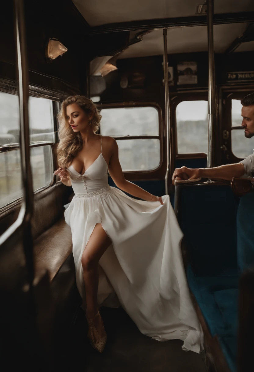 Crowded train old old 90 years bearded Holding and in lap,other men picking her up on lap,picking up on lap,mini white skirt swinging up, 40k, photography, masterpiece, best quality, dark gray background,no sfw,(1girl blue eyes and brown hair), big , medium breail waiting wearing, (mini skirt swinging sexy round:3), (white open neckline shirt: 1.3), blond man leaning against the back picking her up,assorted poses