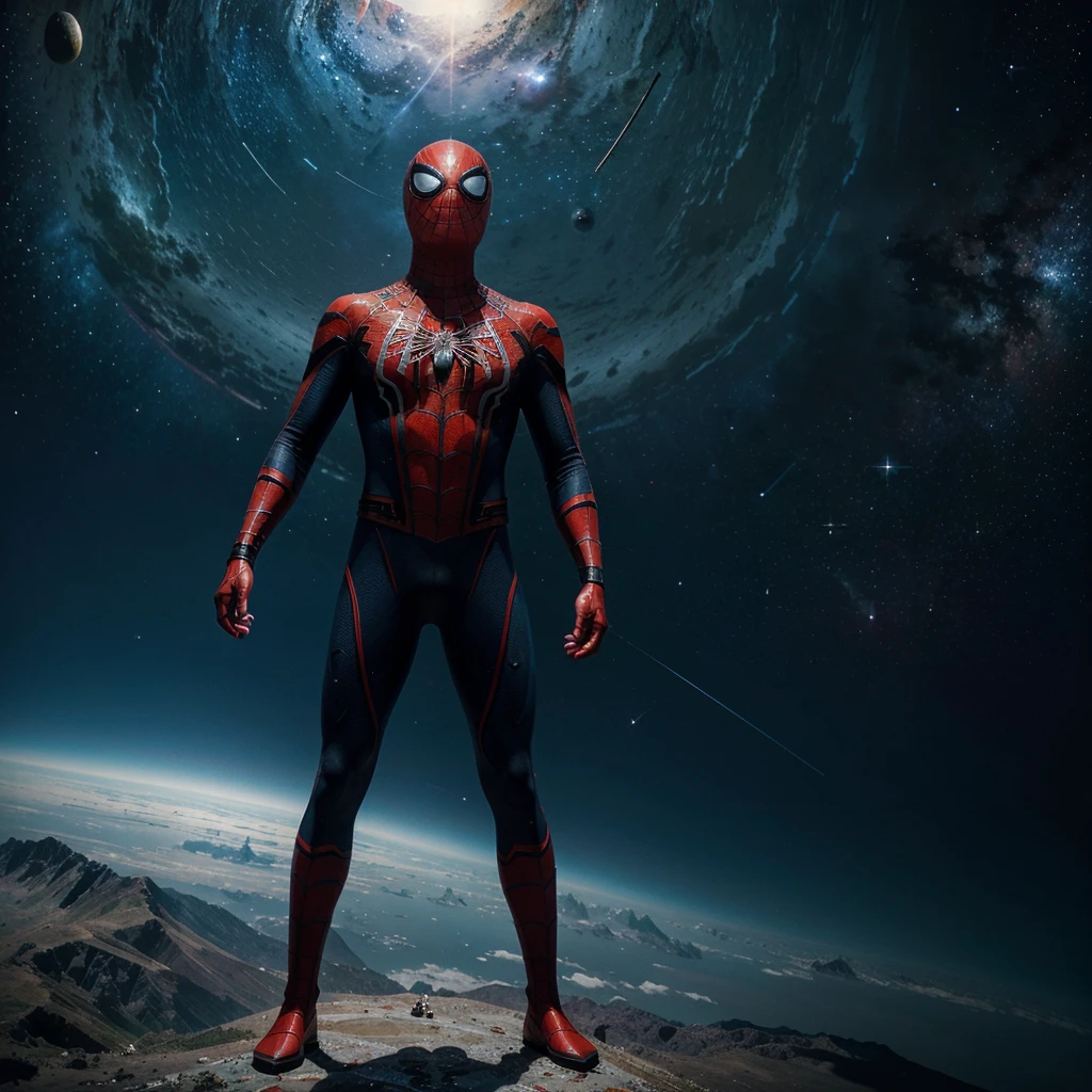 Generate a top-quality image with advanced detail and cinematic style: Spider-Man floating in space, Costume standing out against the cosmic scenery, seu olhar fixado na 'quarta parede', creating an epic, visually stunning scene that captures the grandeur of space and the presence of the hero.