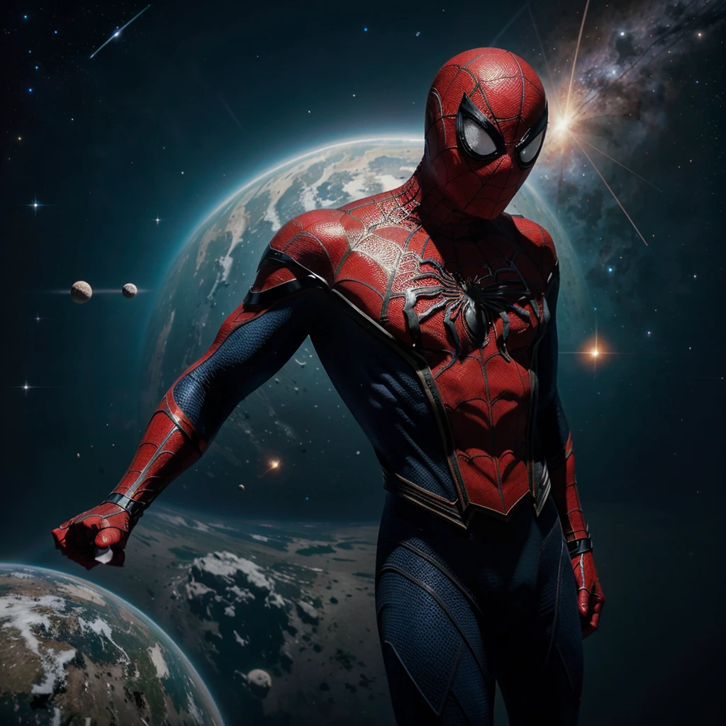 Generate a top-quality image with advanced detail and cinematic style: Spider-Man floating in space, Costume standing out against the cosmic scenery, seu olhar fixado na 'quarta parede', creating an epic, visually stunning scene that captures the grandeur of space and the presence of the hero.