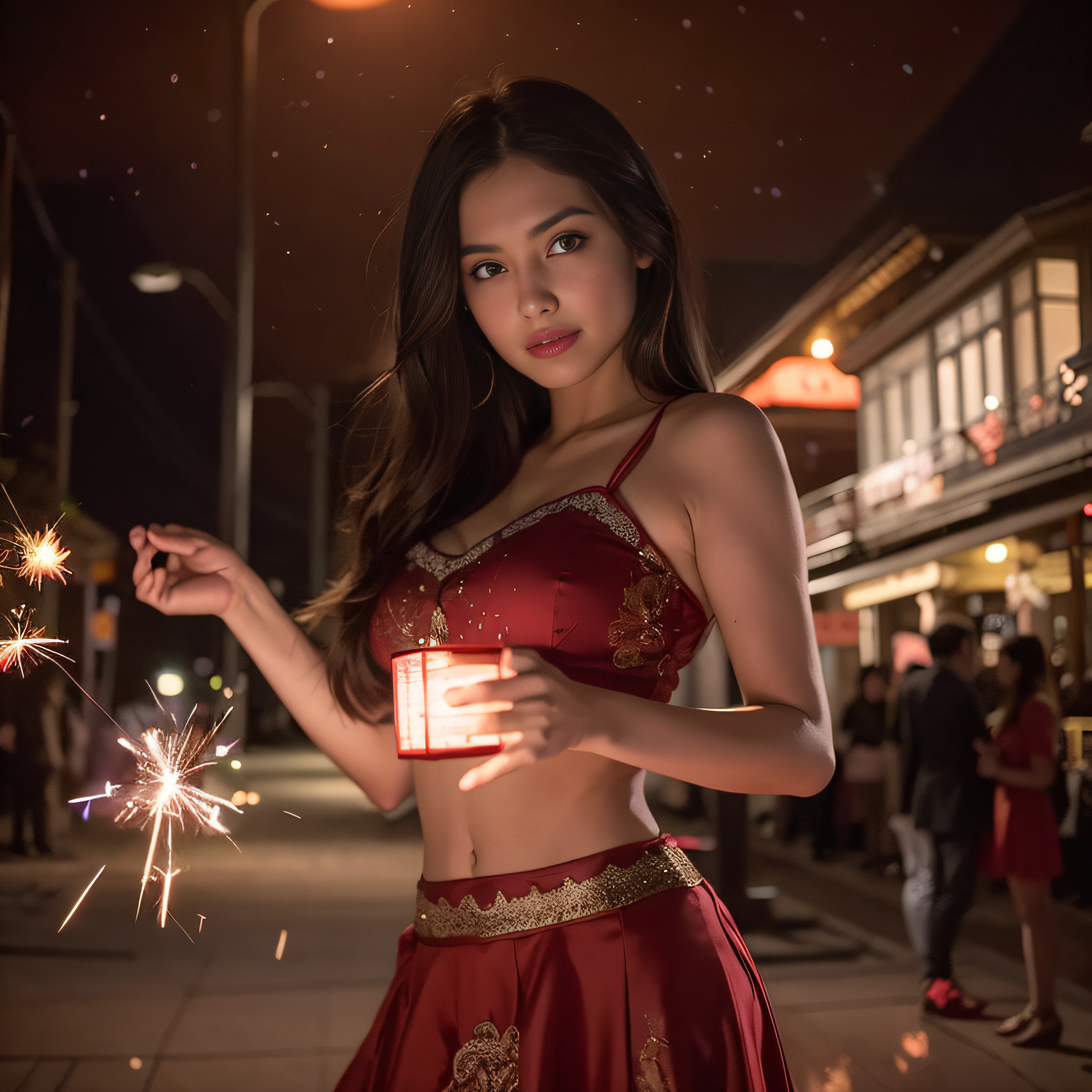 araffe woman in a red skirt holding a sparkler, brandon woelfel, sexy girl, asian girl, attractive girl, beautiful asian girl, indian goddess, beautiful model girl, instagram model, 8k artgerm bokeh, beautiful girl model, chinese girl, cute woman, girl under lantern, 4 k post, 4k post, flares