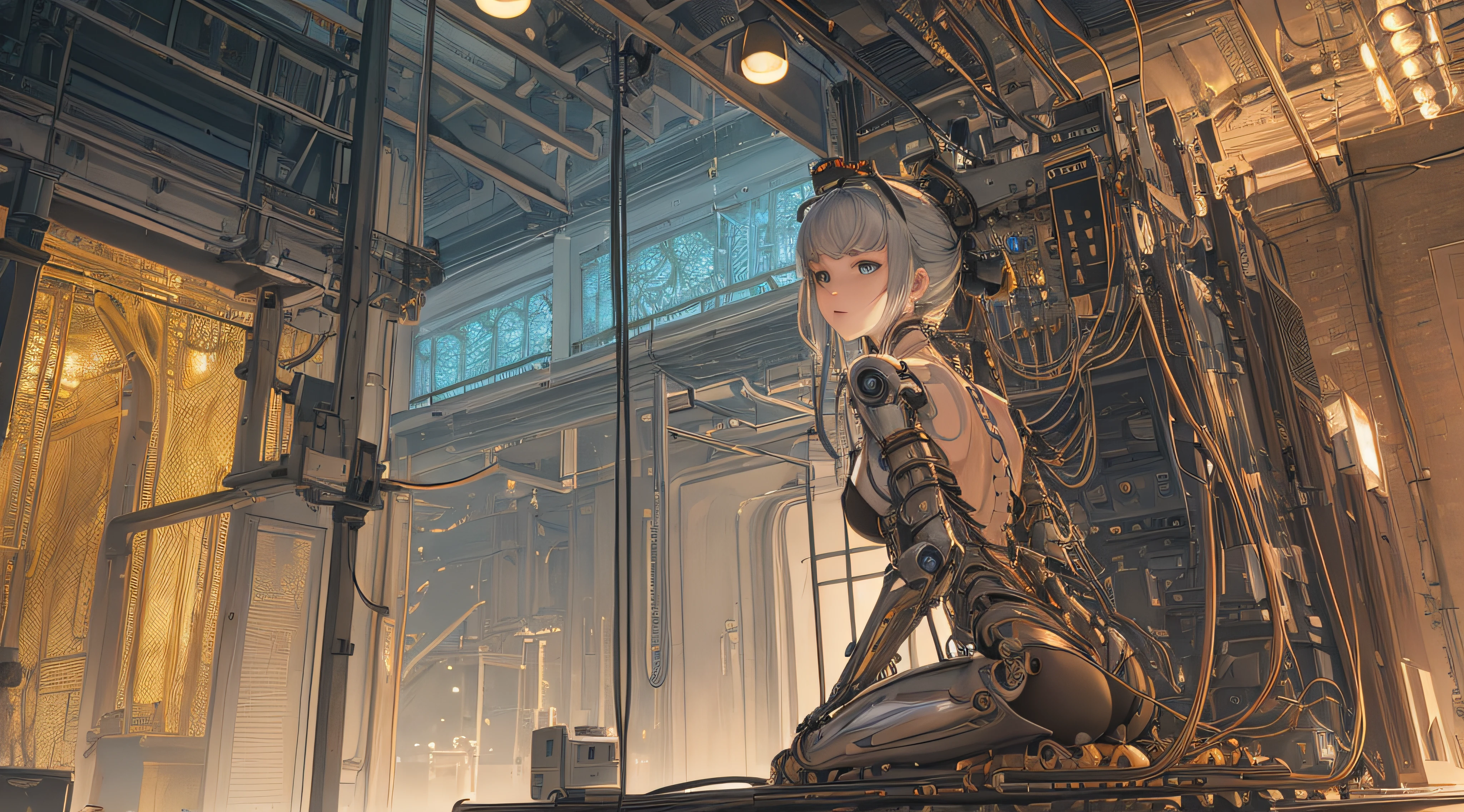 (((masterpiece))), (((best quality))), ((ultra-detailed)), (highly detailed CG illustration), ((an extremely delicate and beautiful)),(from side),cinematic light,((1mechanical girl)),solo,full body,(machine made joints:1.2),((machanical limbs)),(blood vessels connected to tubes),(mechanical vertebra attaching to back),((mechanical cervial attaching to neck)),(sitting),expressionless,(wires and cables attaching to neck:1.2),(wires and cables on head:1.2)(character focus),science fiction,extreme detailed,colorful,highest detailed