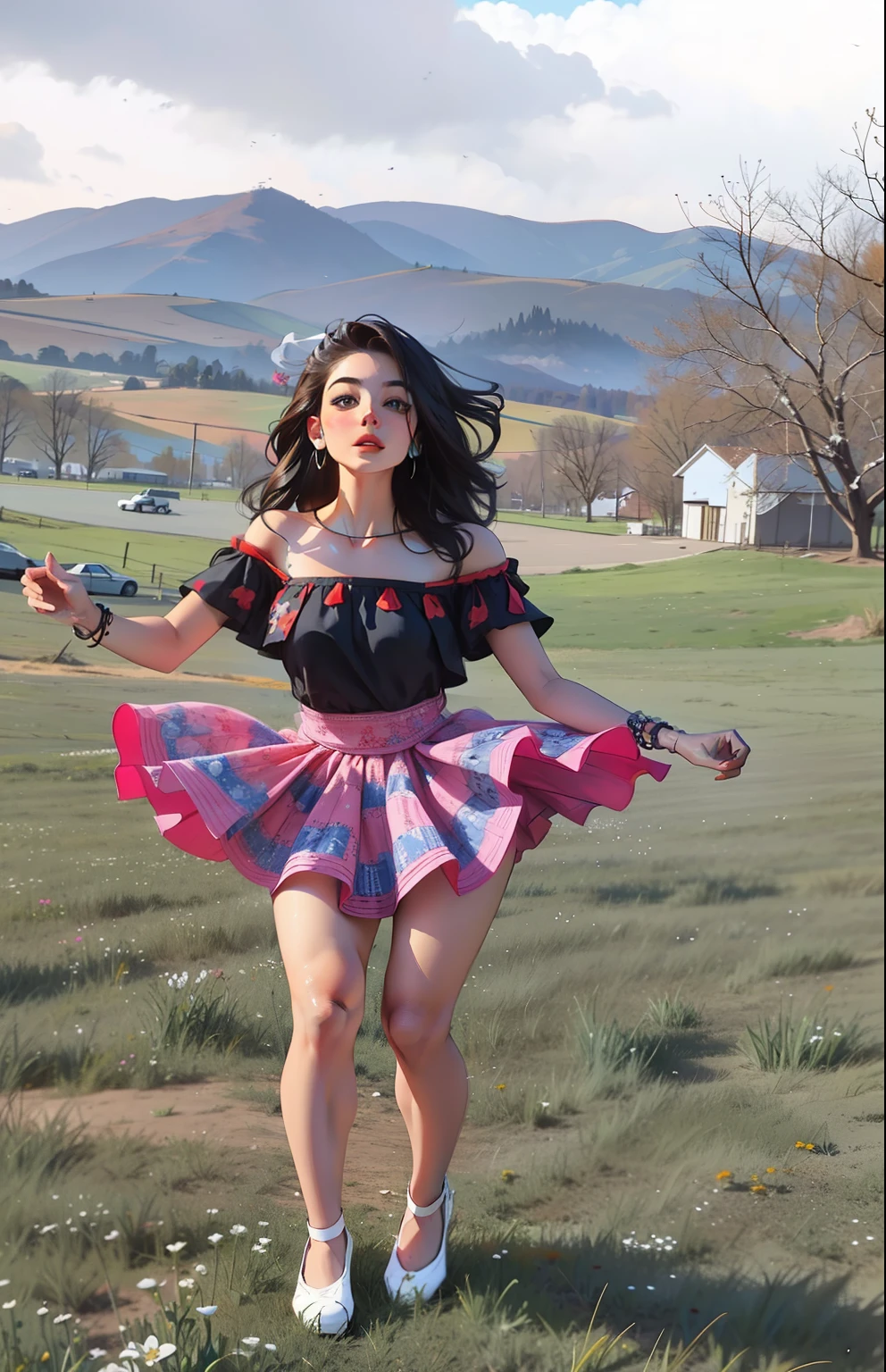 Araffe's woman in a skirt is dancing in a field, Girando, Hermosa mujer peruana, Fanart, Arte tradicional, gala, Pose completa, Girl dancing in a field of flowers, cuerpo completo! cara bonita, photo from a promotional session, Pose elegante, photoshoot solo, Isabela Moner, Belleza tradicional, Llevar un atuendo adornado, Hermosa pose